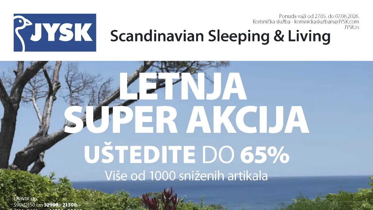 JYSK katalog Letnja super akcija do 65% – baštenski nameštaj, jastuci, stolovi, stolice i dekoracija do 07.06.2026