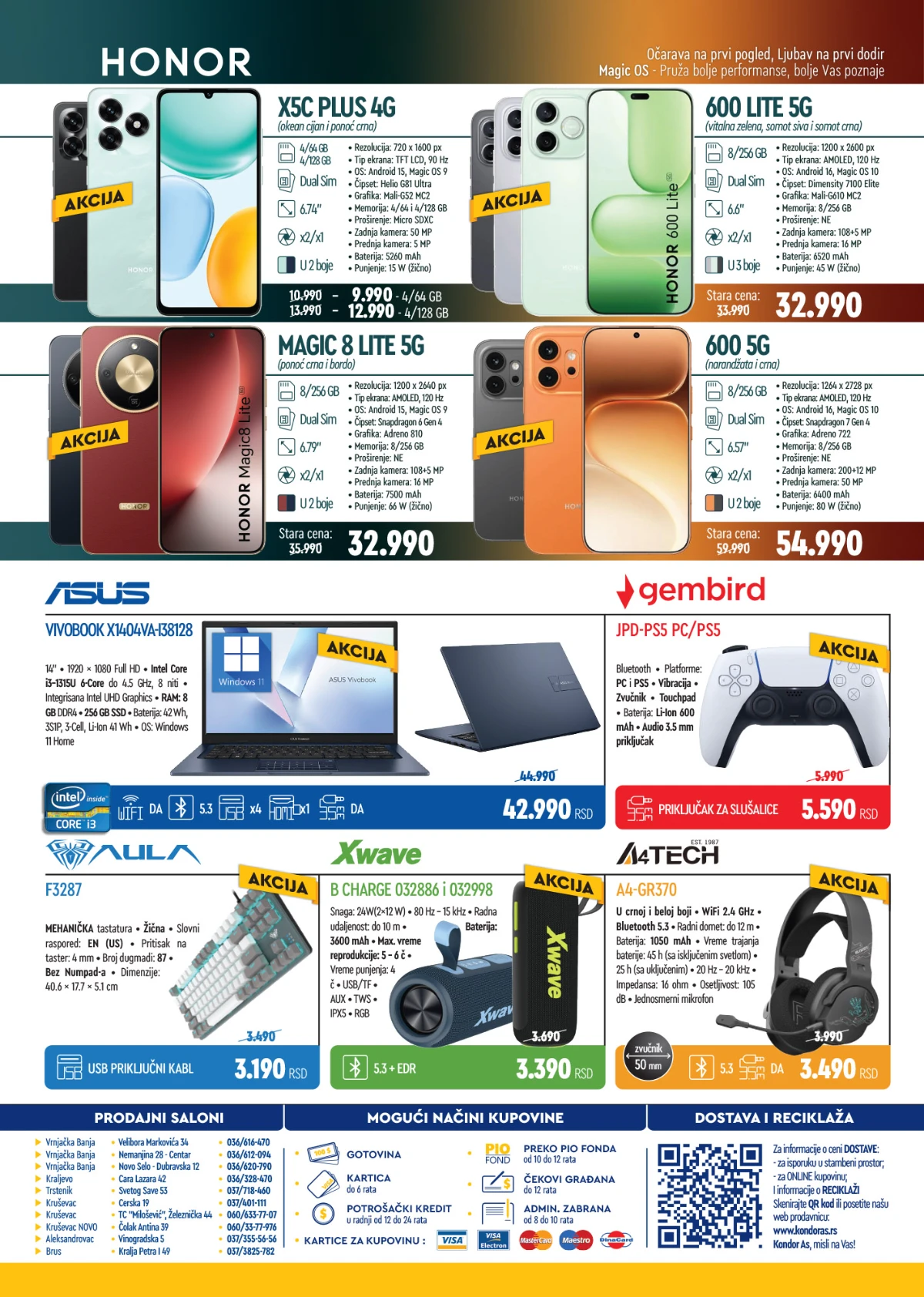 Kondor AS katalog strana 4 – Honor telefoni, ASUS laptopovi, slušalice, tastature i računarska oprema