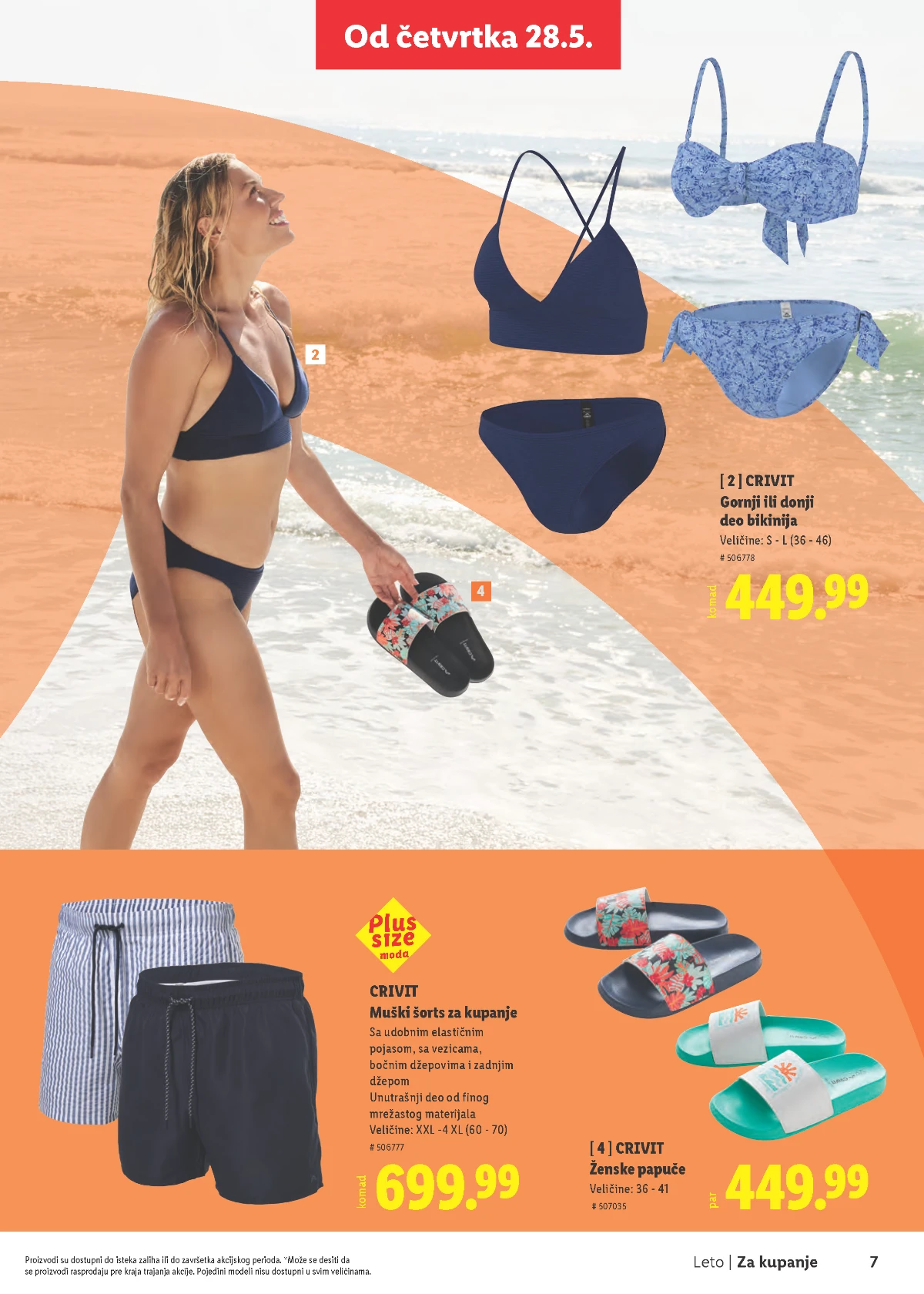 Lidl Leto 2026 strana 7 – bikini modeli i papuče za plažu Lidl Leto 2026 strana 7 – Crivit bikini donji deo, muški šorts i ženske papuče