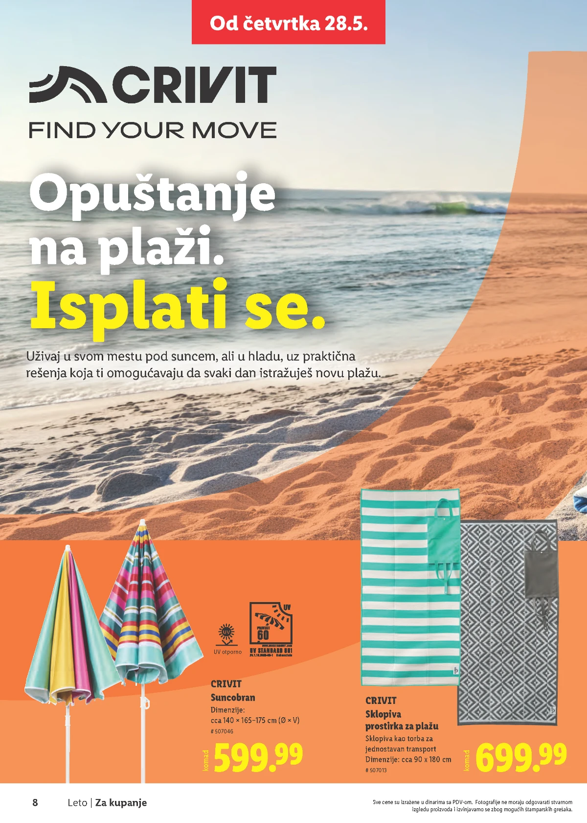 Lidl Leto 2026 strana 8 – suncobran i prostirka za plažu Lidl Leto 2026 strana 8 – Crivit suncobran i sklopiva prostirka za plažu