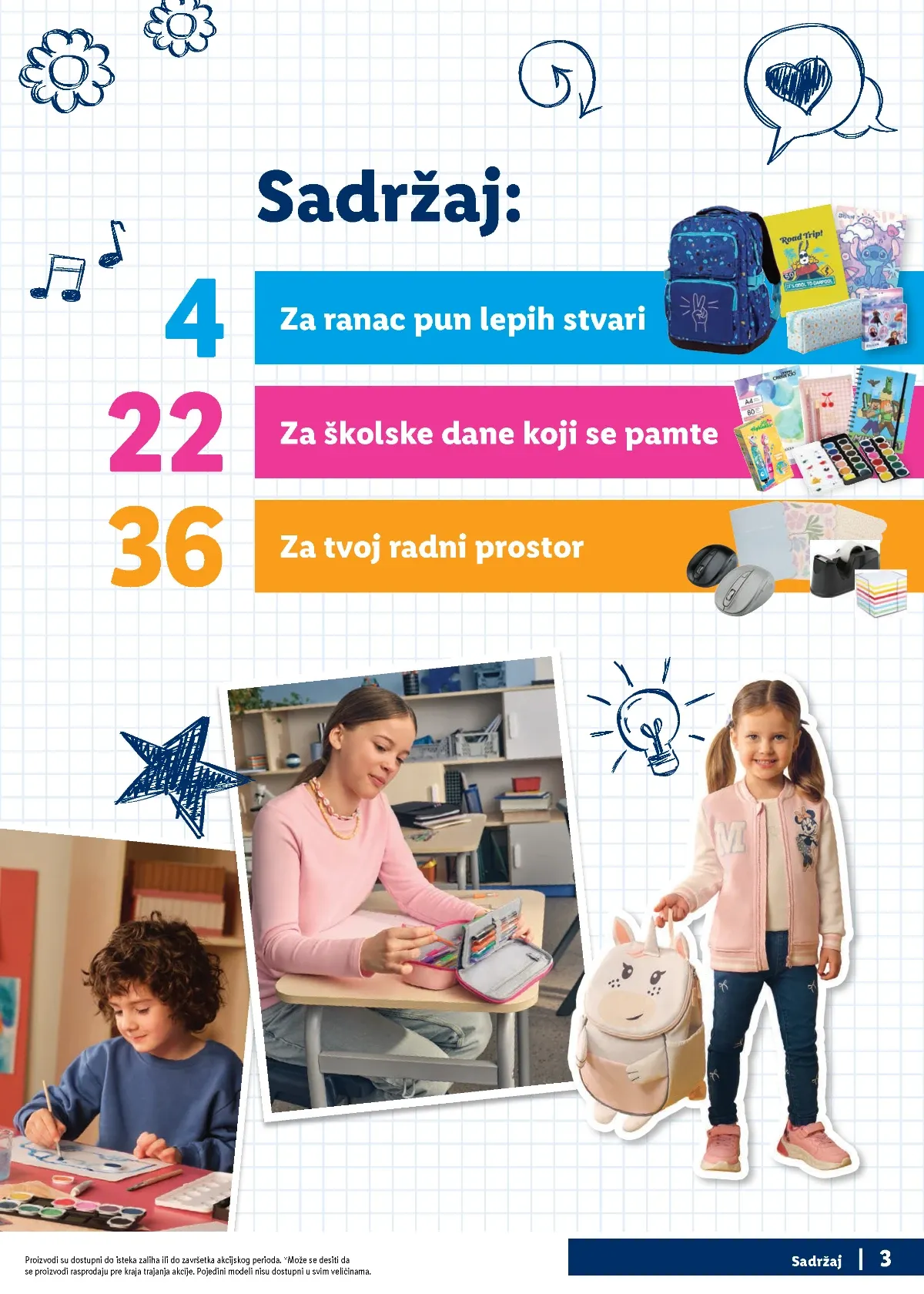 Lidl školski katalog stranica 3 – sadržaj ponude sa rančevima, školskim priborom i opremom za radni prostor