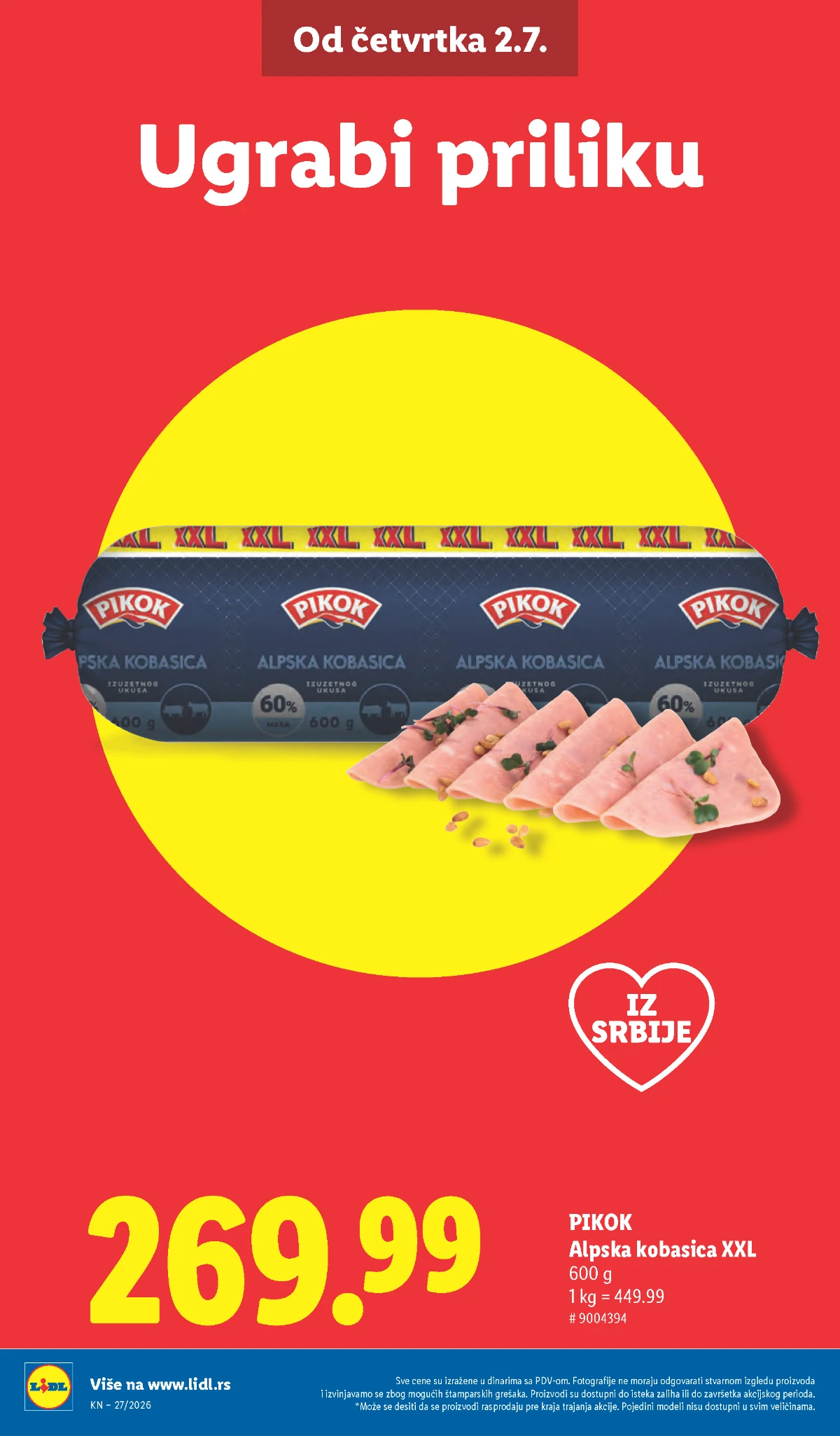 Pikok alpska kobasica XXL na akciji u Lidl katalogu od 02.07.2026