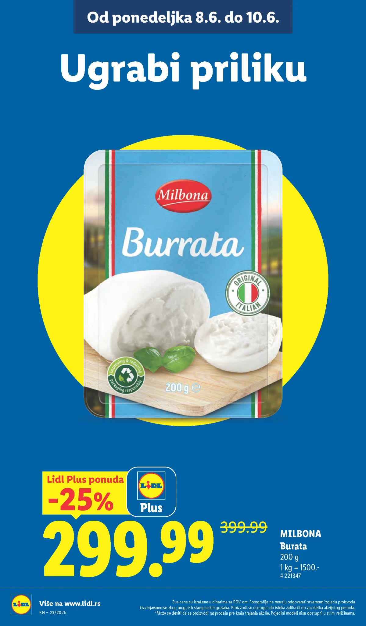 Lidl Plus akcija jun 2026 – Milbona Burrata 200 g na sniženju
