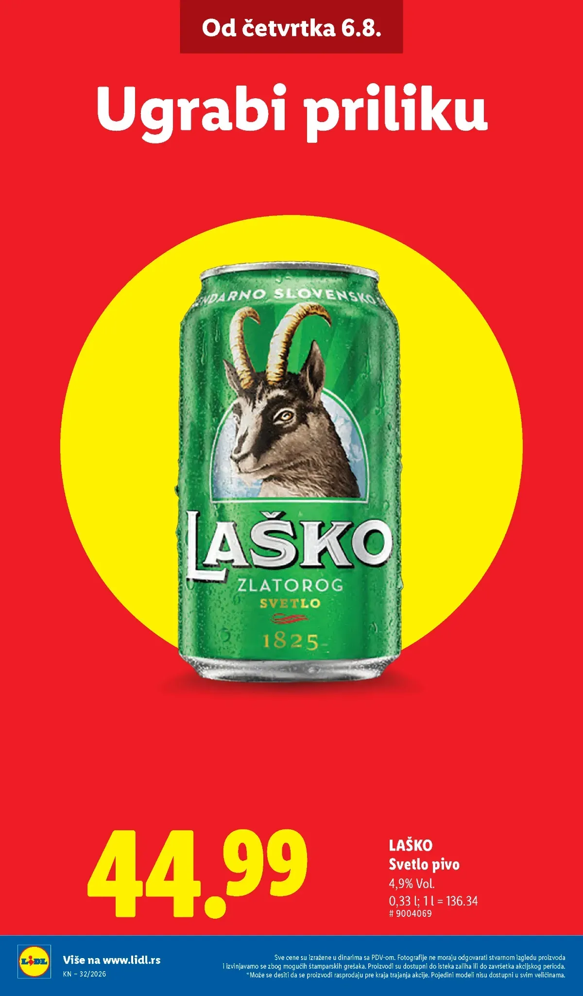 Laško svetlo pivo u Lidl katalogu do 12.08.2026.