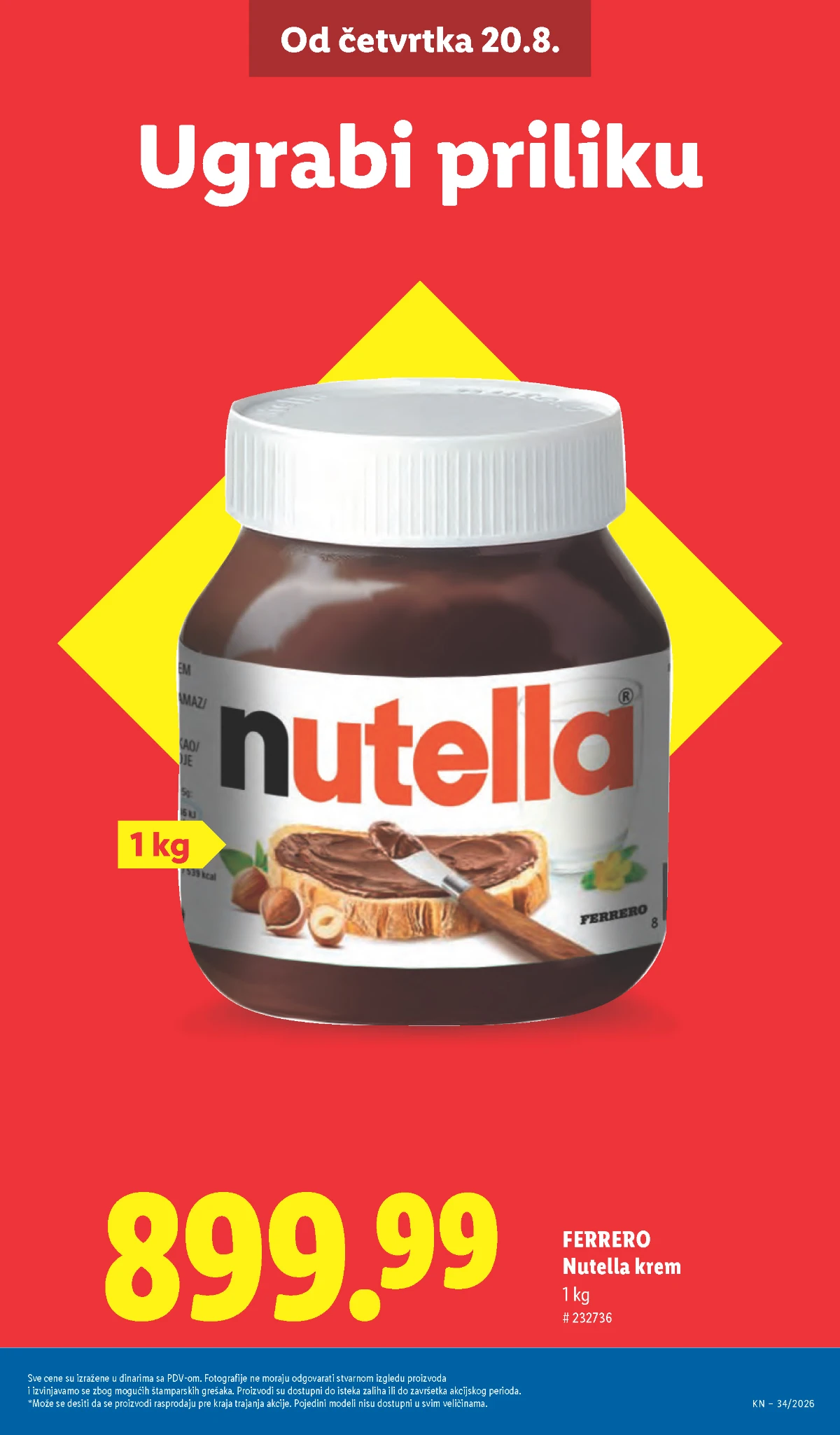 Lidl akcija od 20.08.2026. – Ferrero Nutella krem pakovanje 1 kg