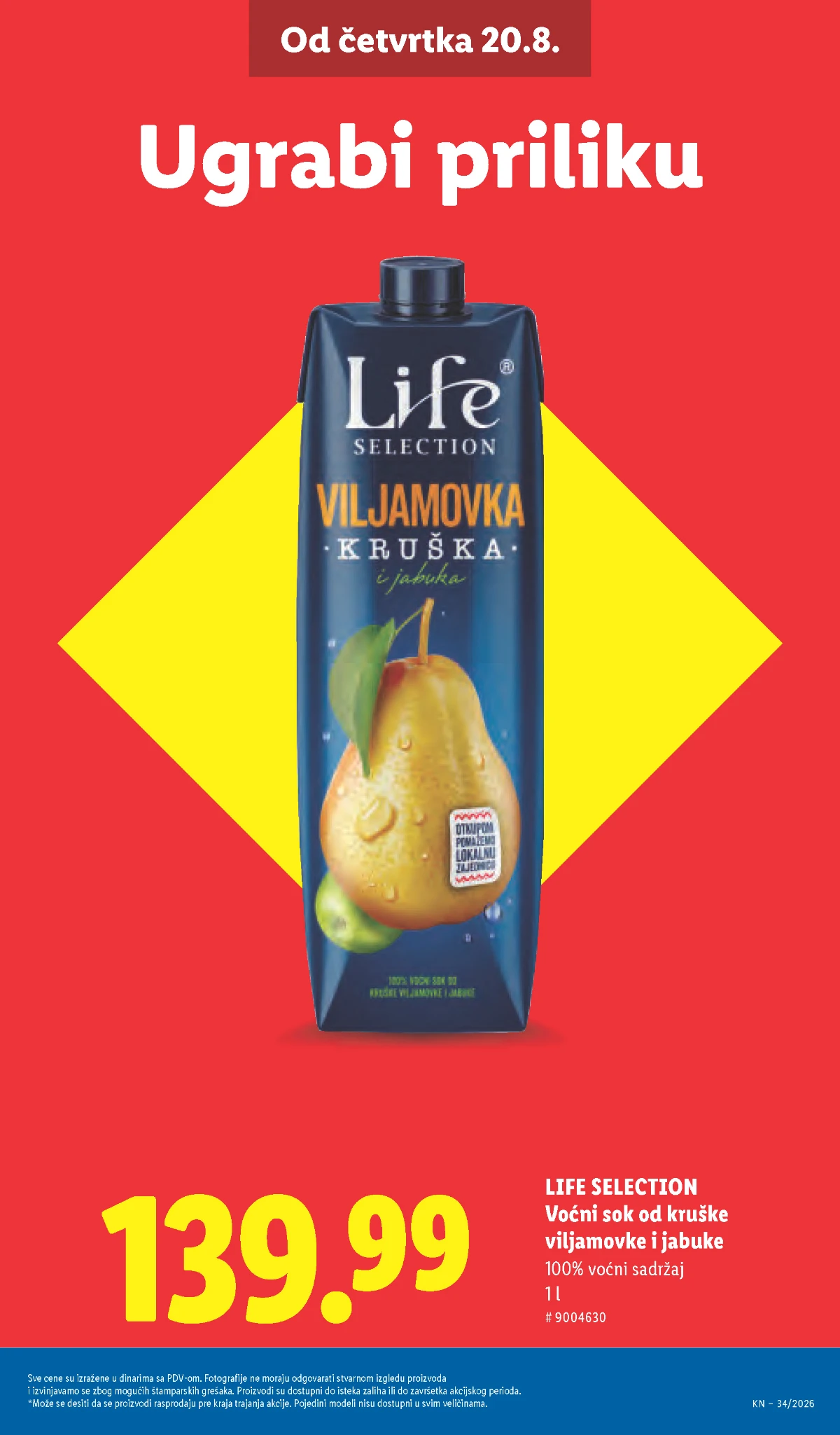 Lidl akcija od 20.08.2026. – Life Selection sok od kruške viljamovke i jabuke