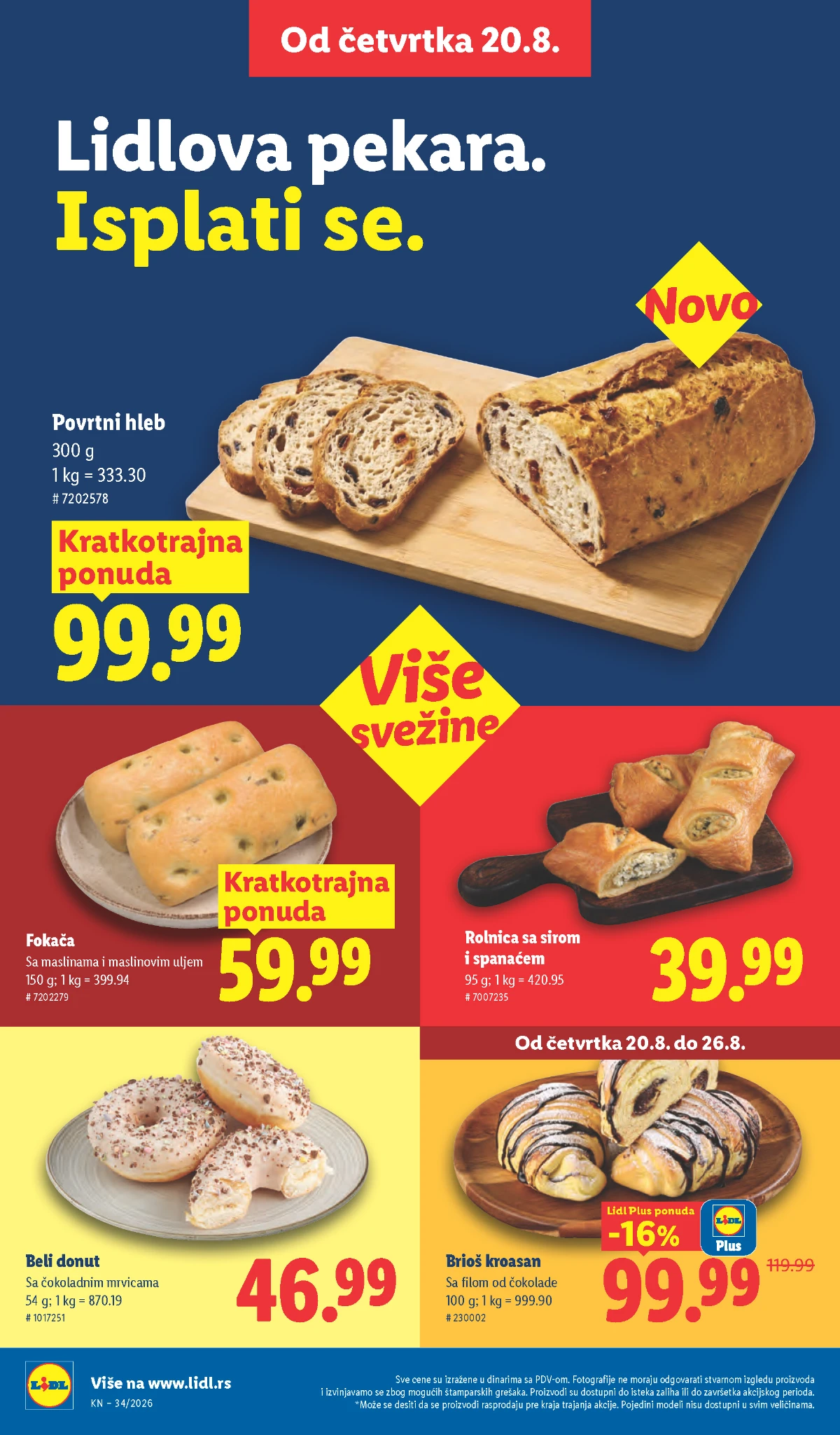 Lidl pekara od 20.08.2026. – povrtni hleb, fokača, donut, brioš kroasan i rolnica sa sirom i spanaćem