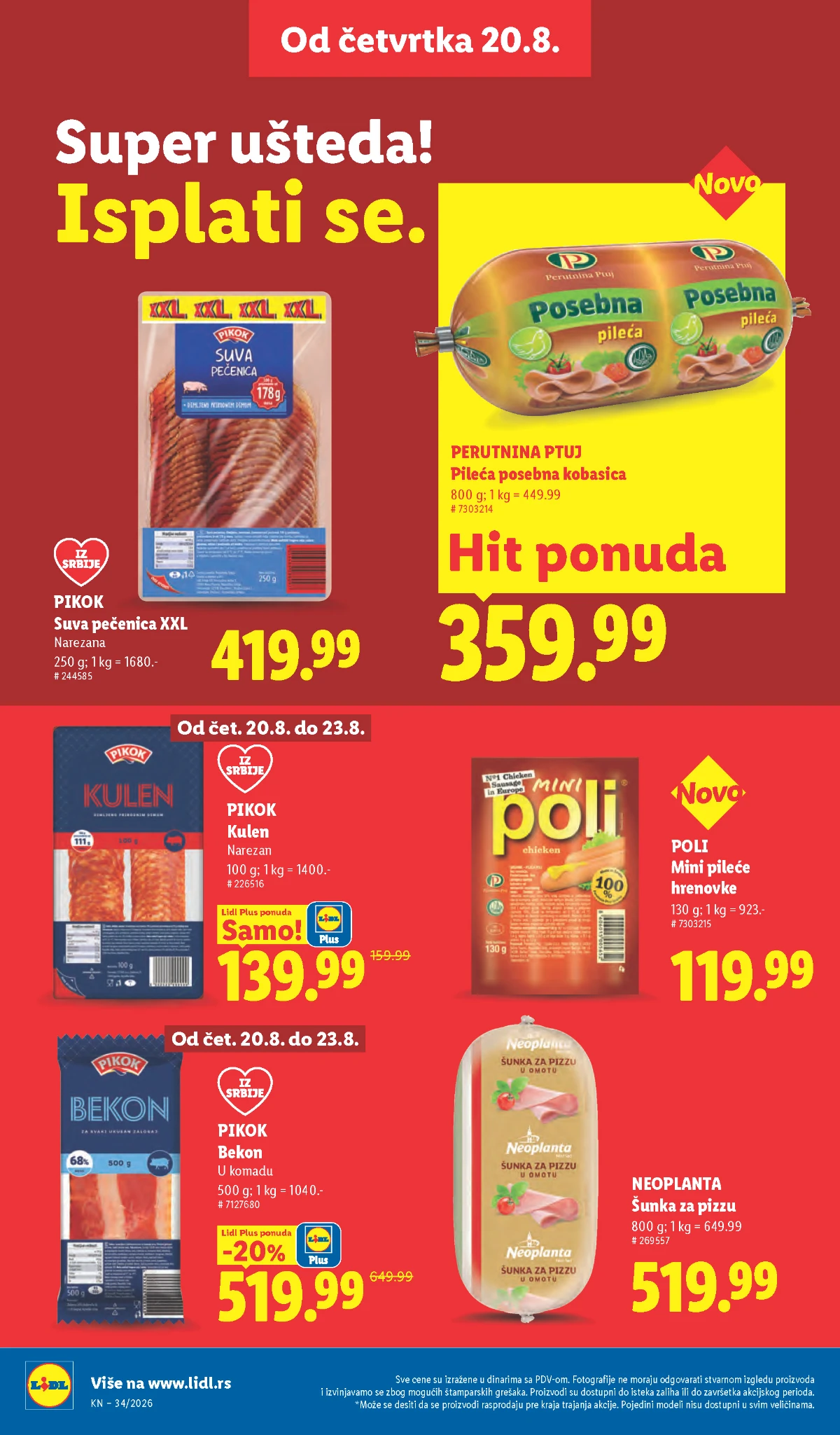 Lidl akcija od 20.08.2026. – Pikok pečenica, bekon i kulen, Neoplanta šunka i Perutnina Ptuj kobasica