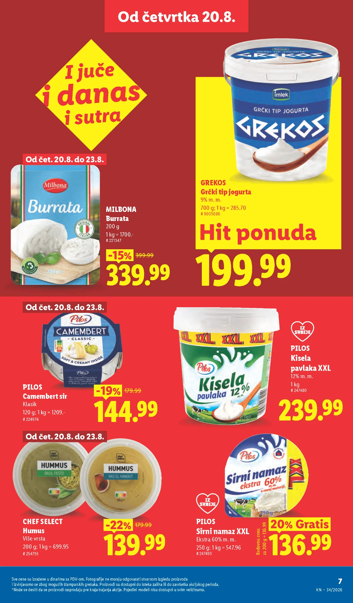 Lidl akcija od 20.08.2026. – Pilos pavlaka i sirni namaz, Grekos jogurt, Milbona Burrata i Camembert