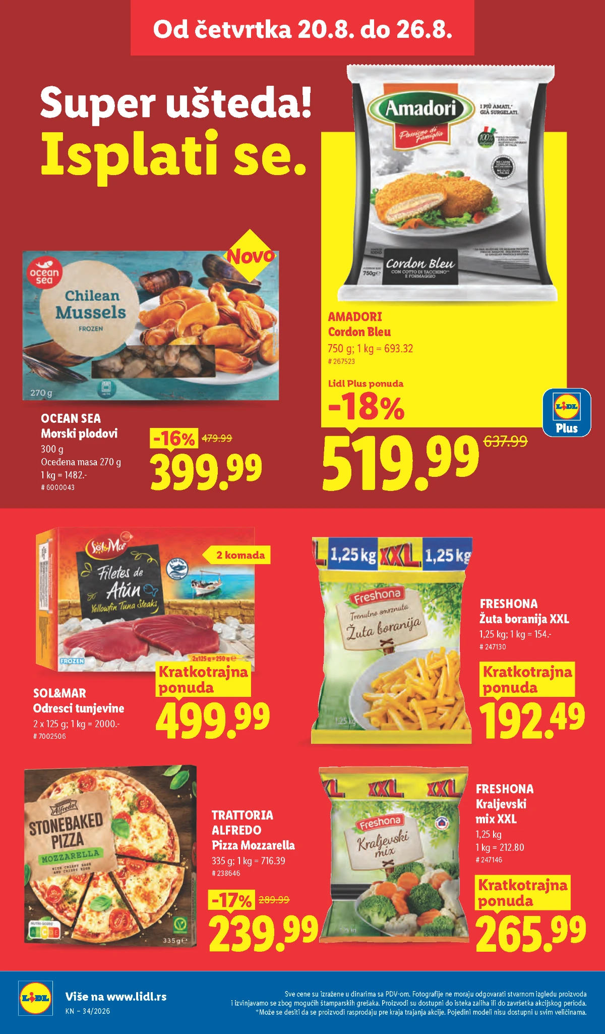 Lidl akcija od 20.08.2026. – tunjevina, Cordon Bleu, pizza, morski plodovi i zamrznuto povrće
