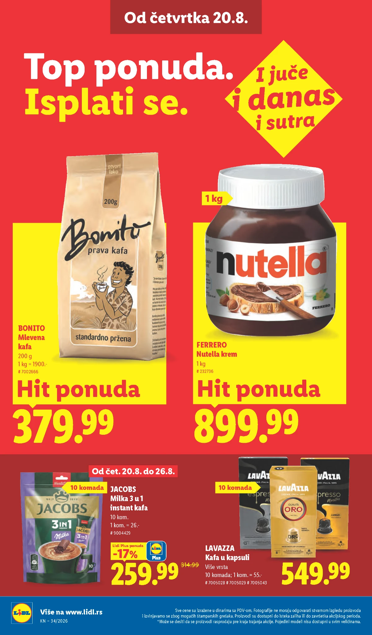 Lidl akcija od 20.08.2026. – Bonito kafa, Jacobs Milka instant kafa, Lavazza kapsule i Nutella