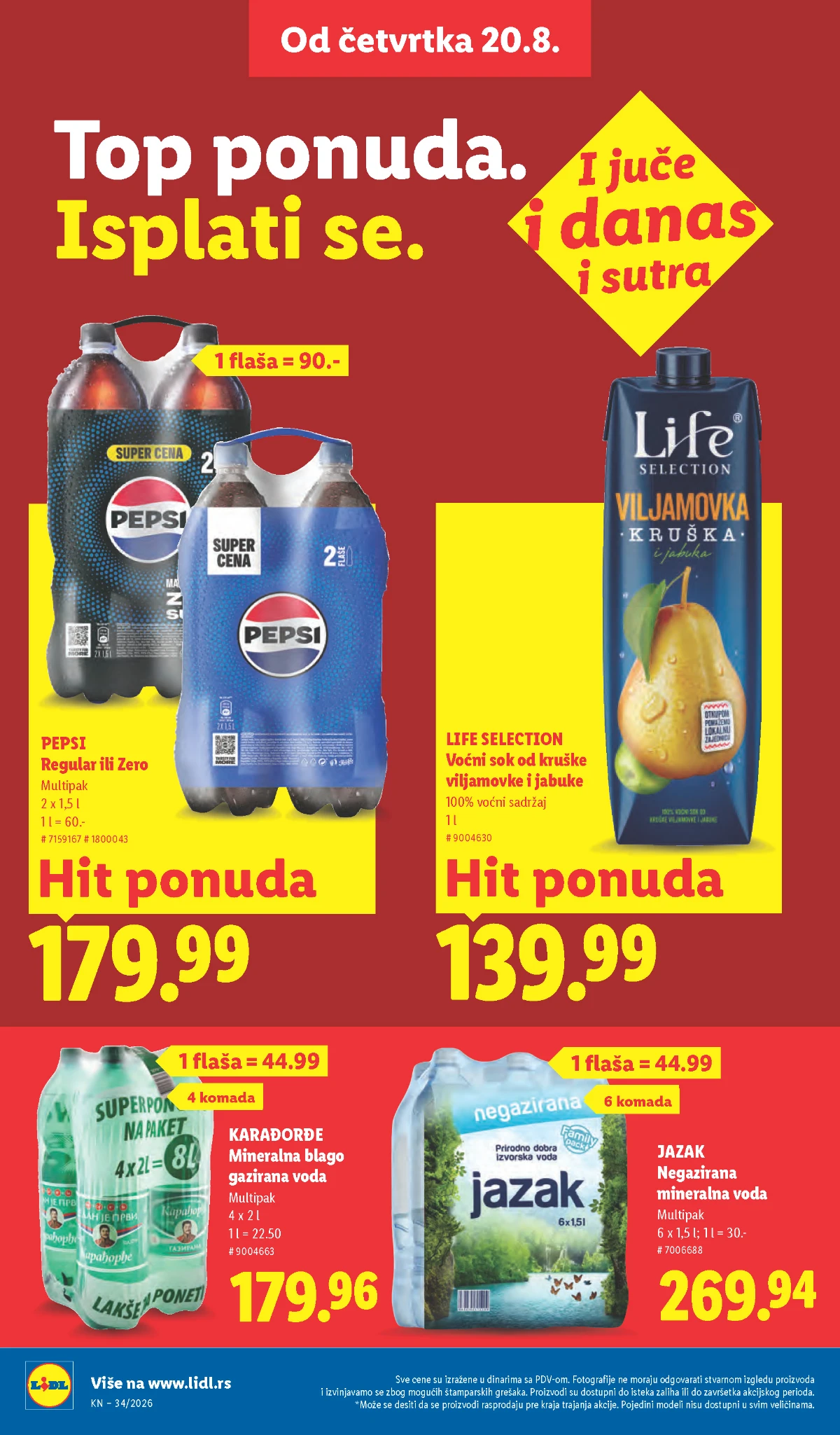 Lidl akcija od 20.08.2026. – Pepsi multipak, Life Selection sok i mineralna voda
