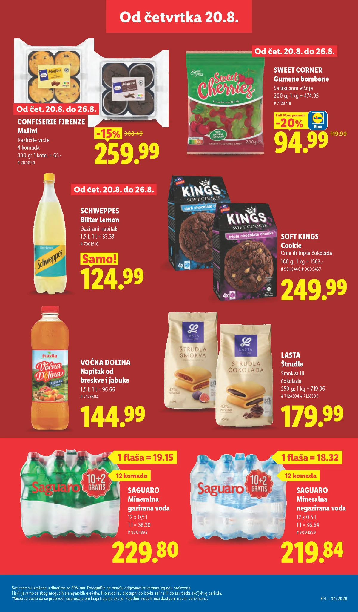 Lidl akcija od 20.08.2026. – Saguaro voda, Schweppes, Lasta štrudle, mafini i slatkiši