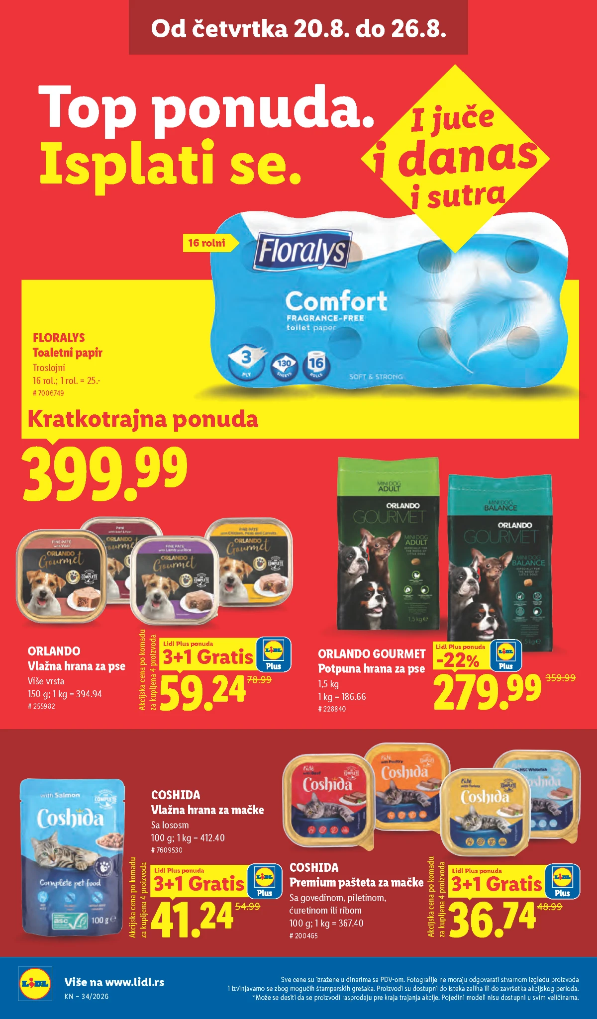 Lidl akcija od 20.08.2026. – Orlando hrana za pse, Coshida hrana za mačke i Floralys toaletni papir