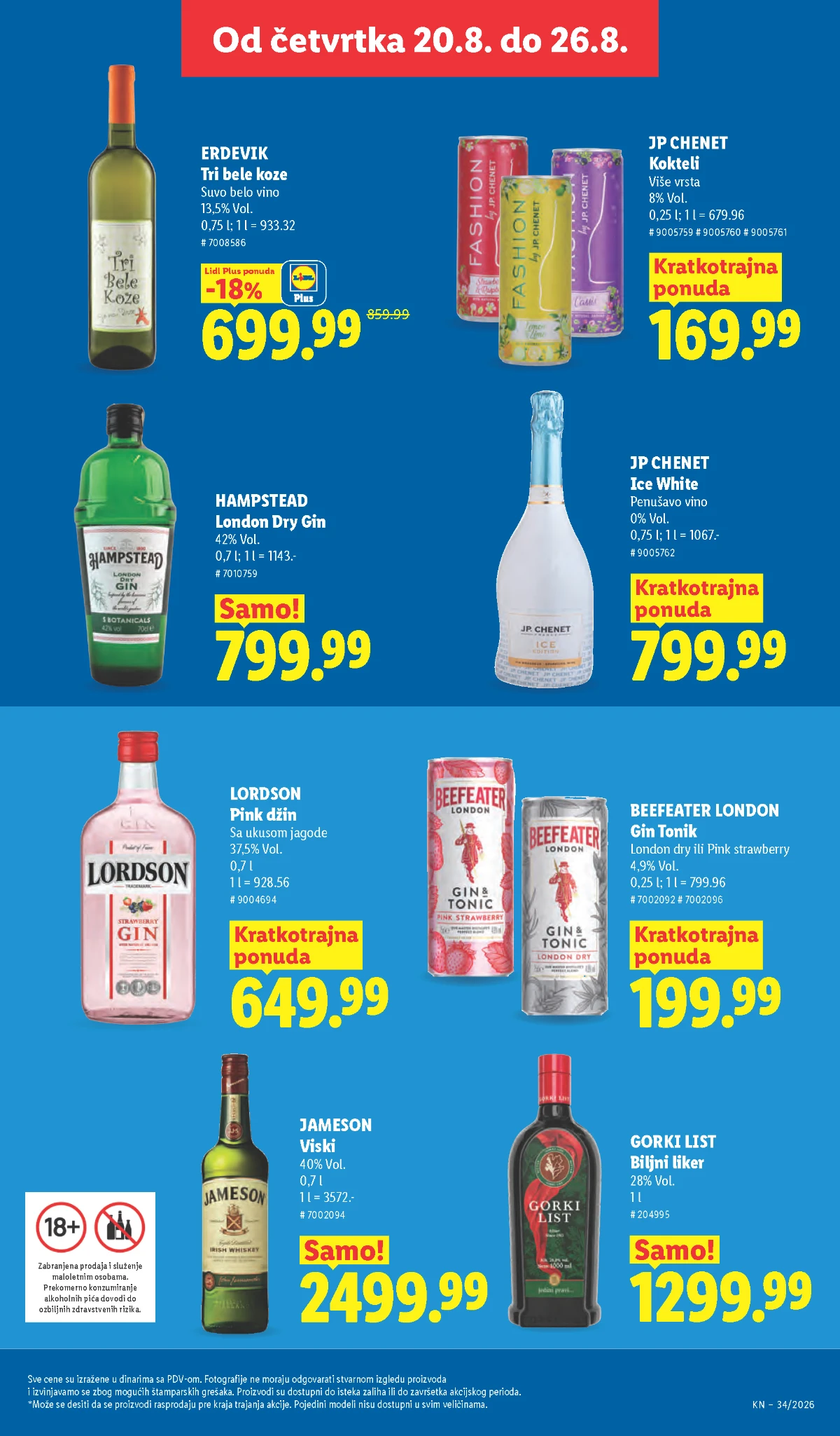 Lidl akcija od 20.08.2026. – Gorki List, Jameson, Hampstead gin, Erdevik vino i JP Chenet