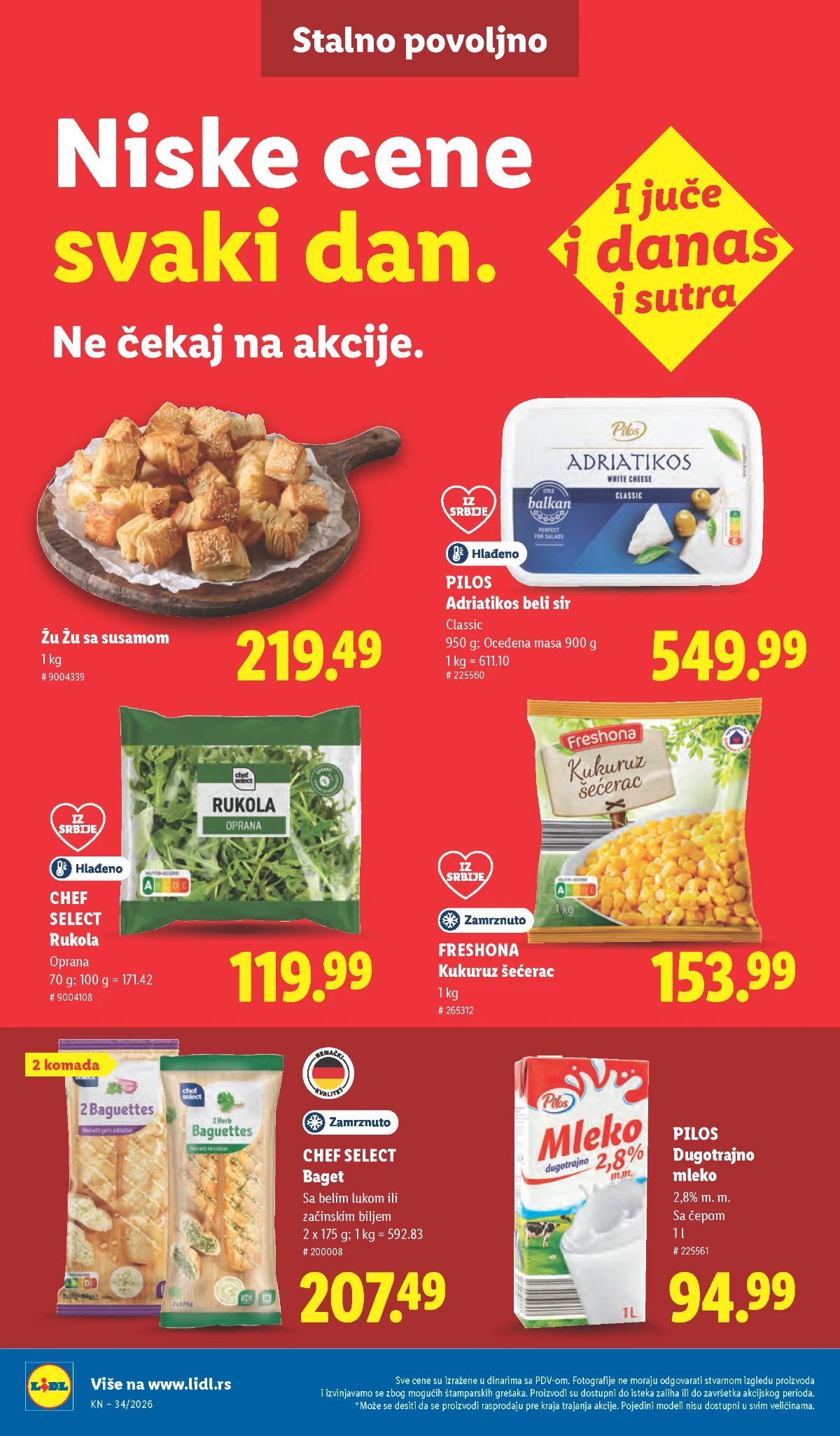 Lidl stalno povoljno – Pilos mleko i sir, Chef Select baget i rukola, Freshona kukuruz