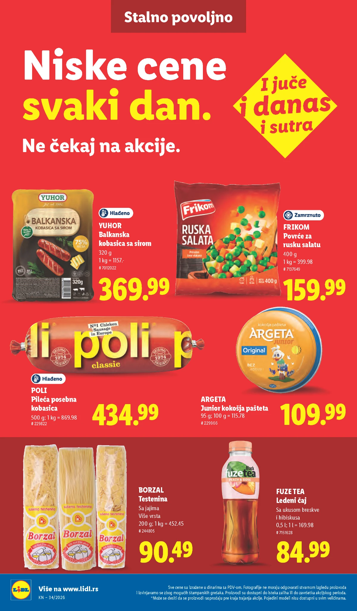 Lidl stalno povoljno – Yuhor kobasica, Poli pileća kobasica, Frikom povrće, Argeta i Fuze Tea