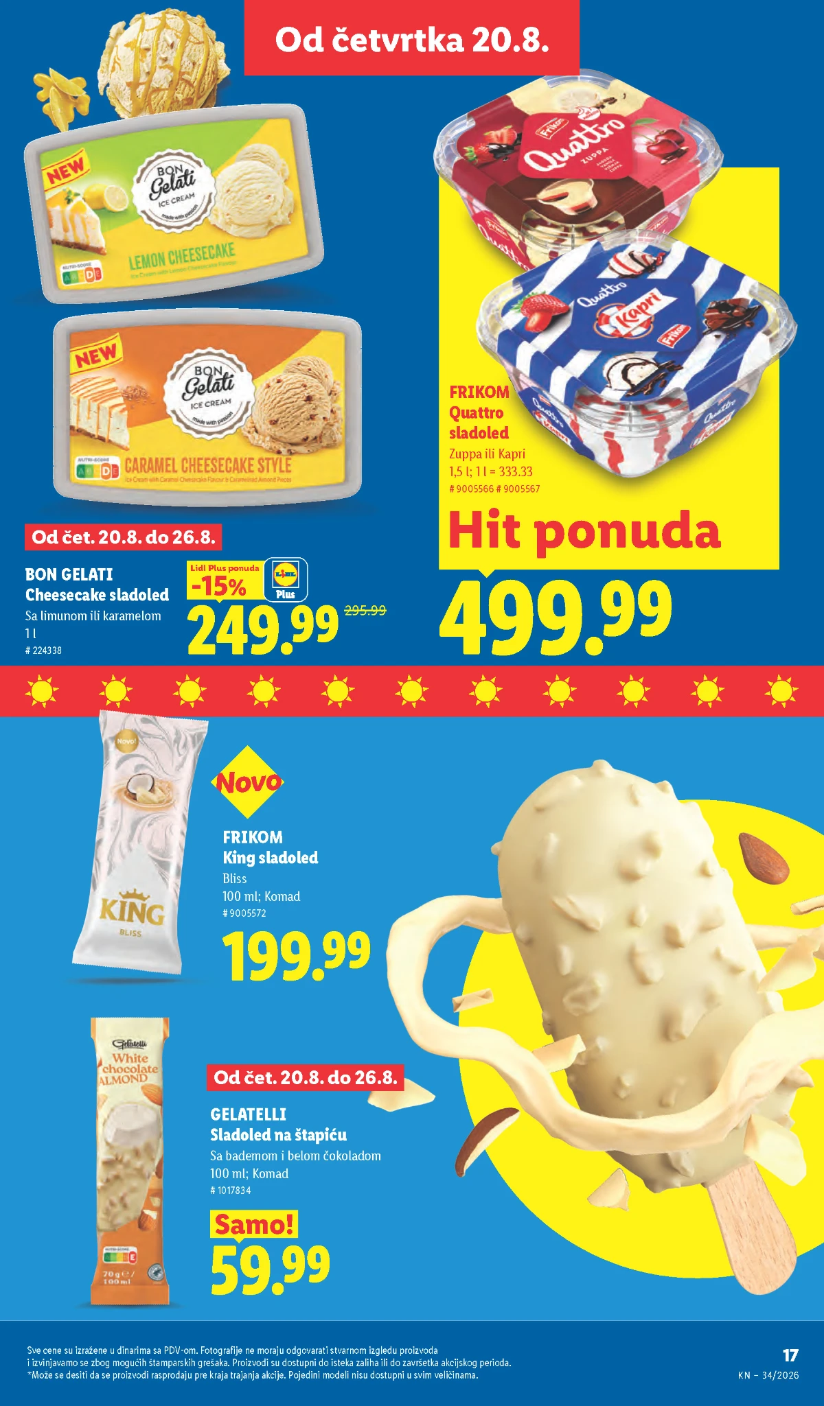 Lidl akcija od 20.08.2026. – Frikom Quattro, King, Bon Gelati Cheesecake i Gelatelli sladoled