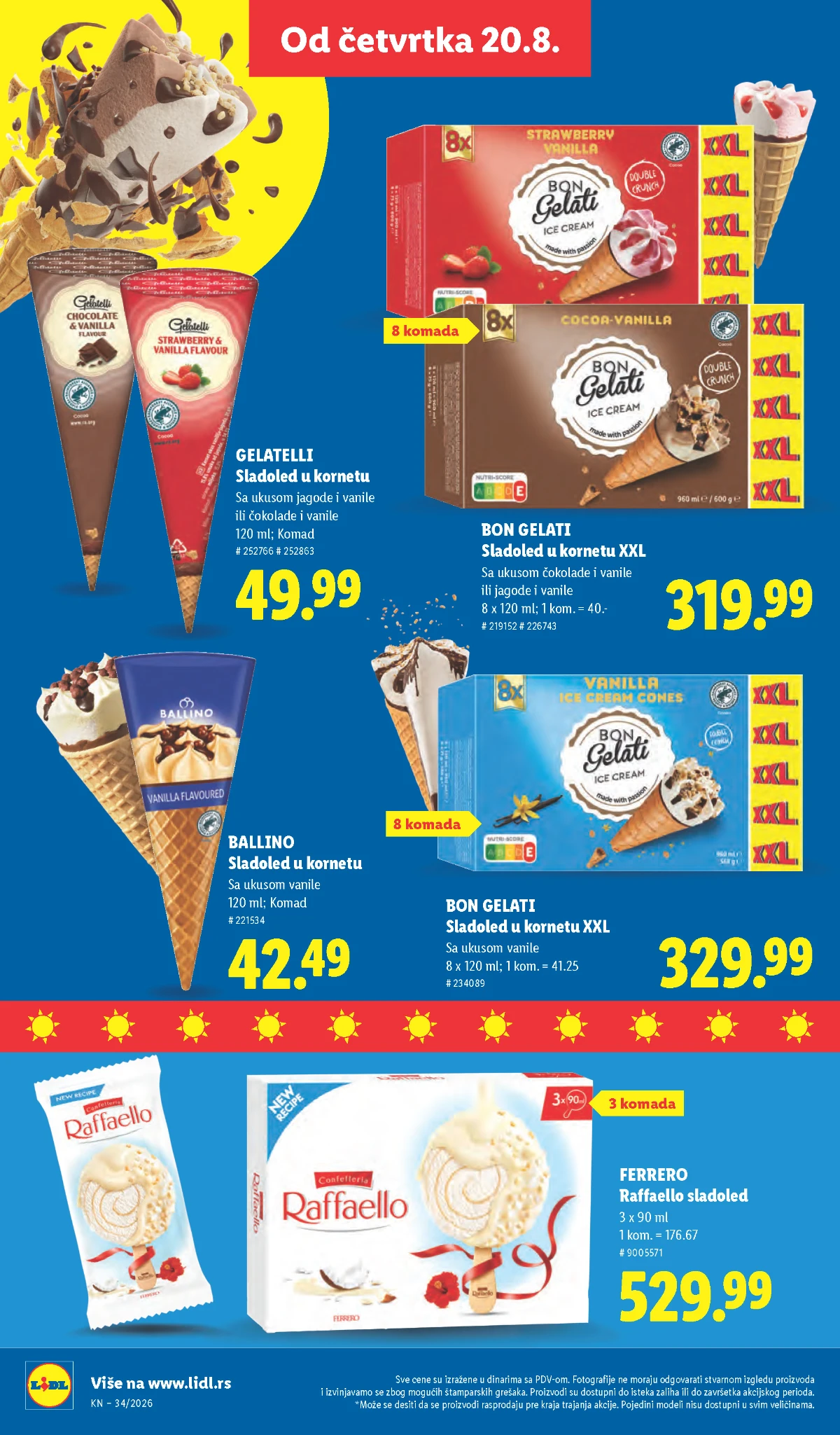 Lidl akcija od 20.08.2026. – Bon Gelati XXL, Gelatelli, Ballino i Ferrero Raffaello sladoledi