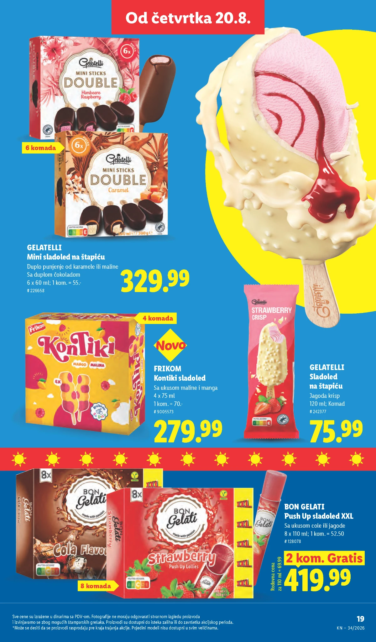 Lidl akcija od 20.08.2026. – Frikom Kontiki, Gelatelli mini i Bon Gelati Push Up XXL sladoledi