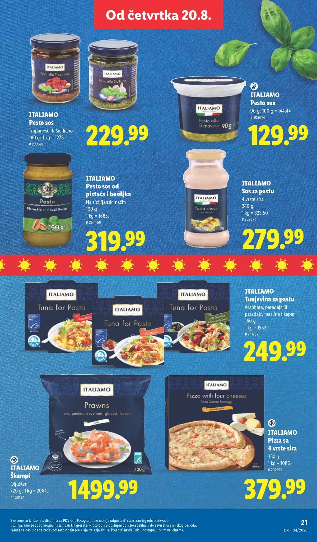 Lidl Italiamo ponuda od 20.08.2026. – škampi, pizza, tunjevina za pastu i pesto sosovi