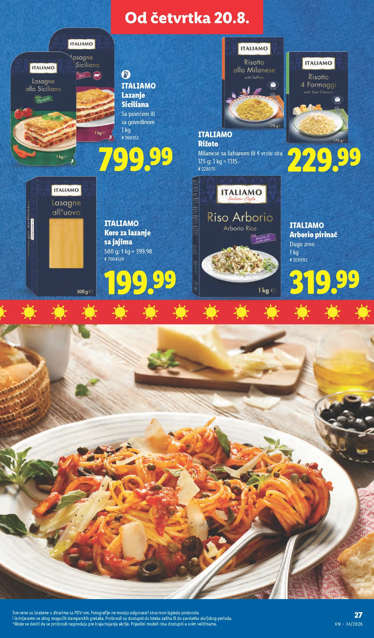 Lidl Italiamo ponuda od 20.08.2026. – lazanje, Arborio pirinač, rižoto, kore za lazanje i njoke