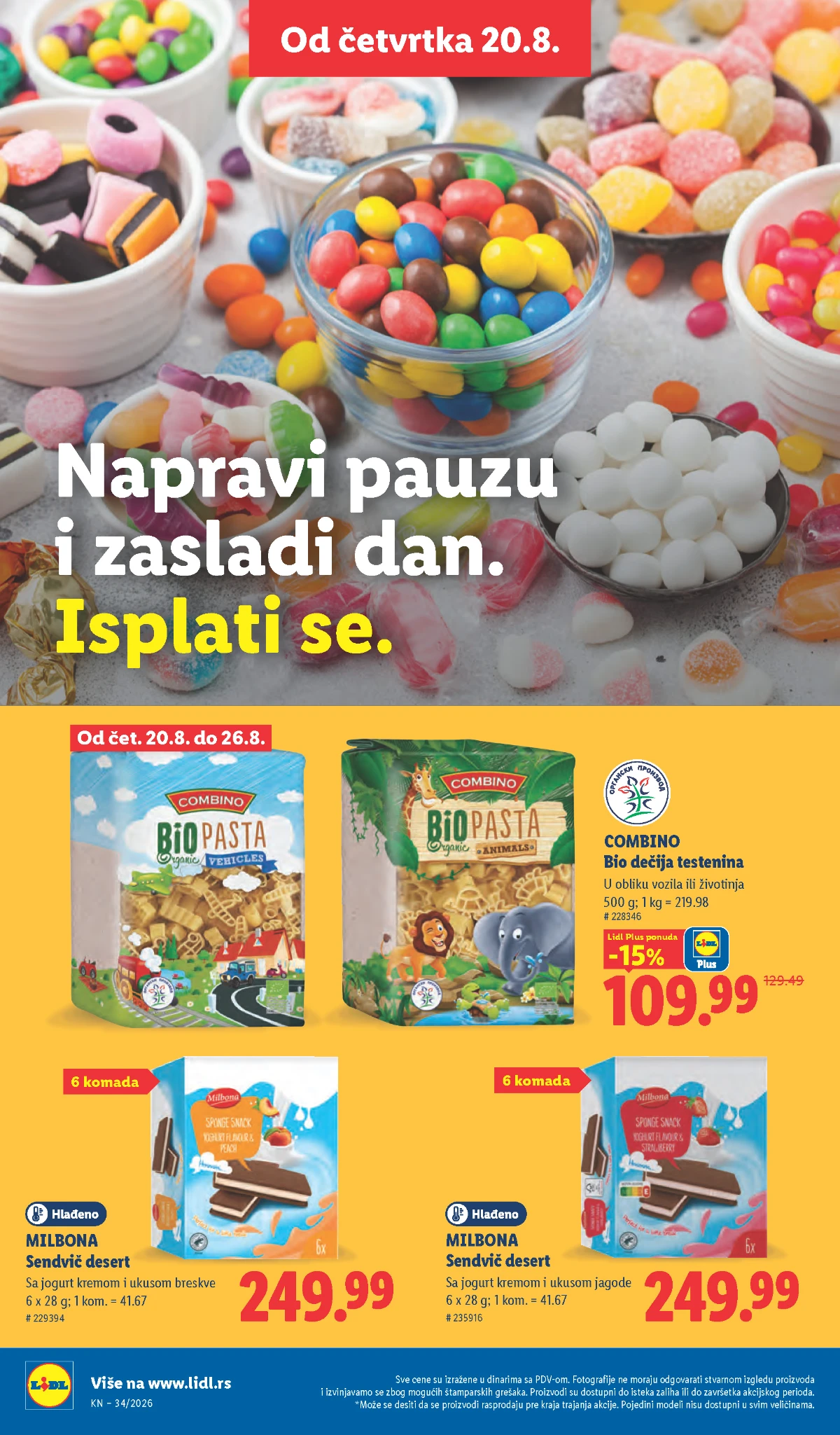 Lidl akcija od 20.08.2026. – Milbona sendvič deserti i Combino dečija testenina