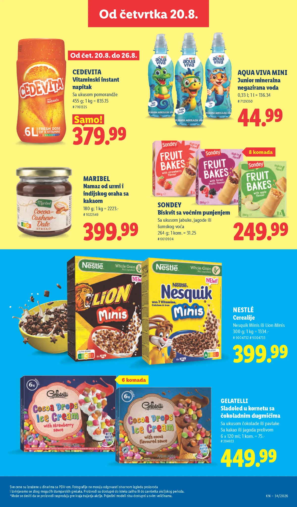 Lidl akcija od 20.08.2026. – Nestlé cerealije, Cedevita, Gelatelli sladoled, Sondey biskvit i Aqua Viva