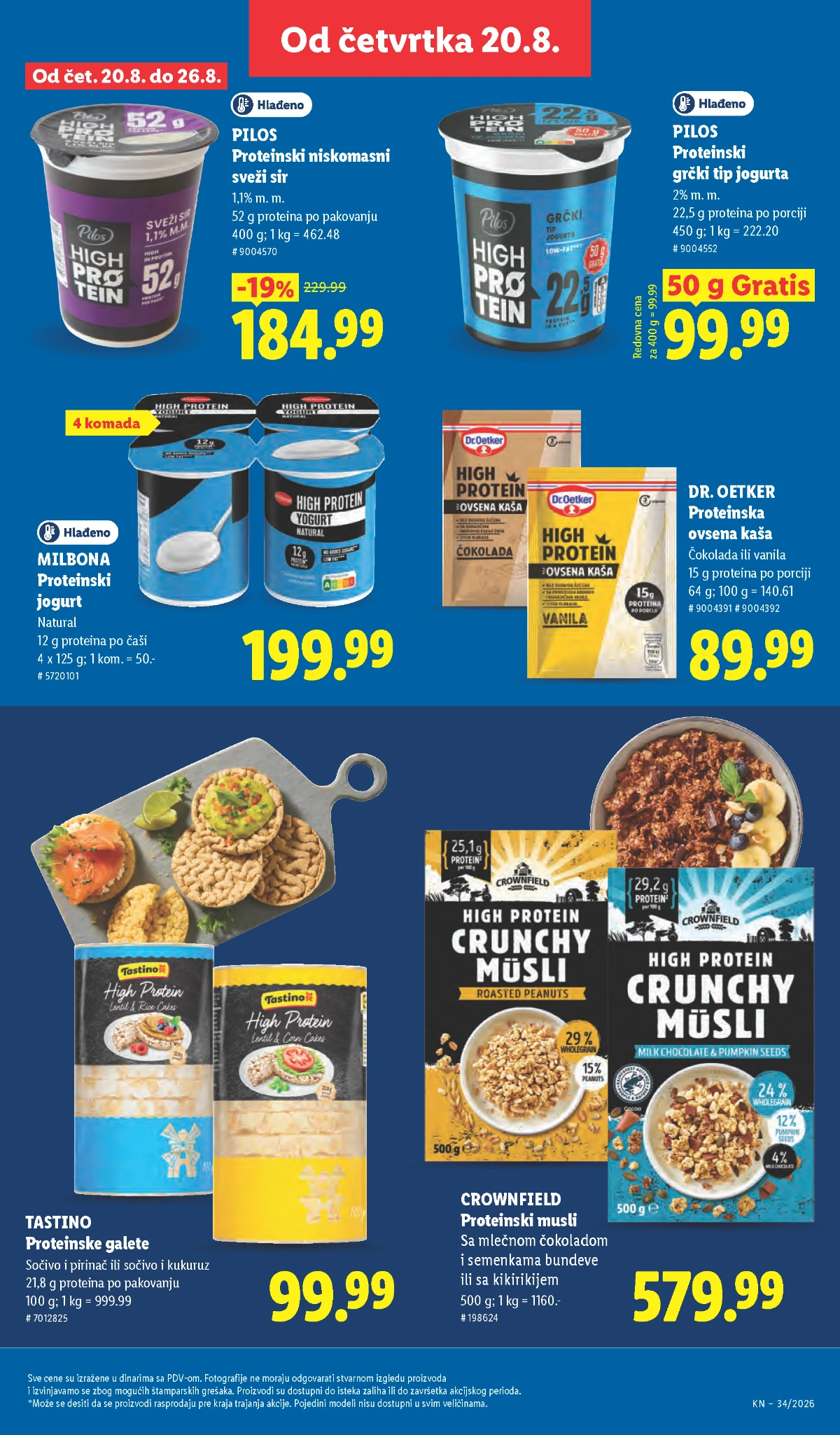 Lidl proteinska ponuda od 20.08.2026. – Pilos proteinski sir i jogurt, Milbona jogurt, Crownfield musli i Dr. Oetker kaša