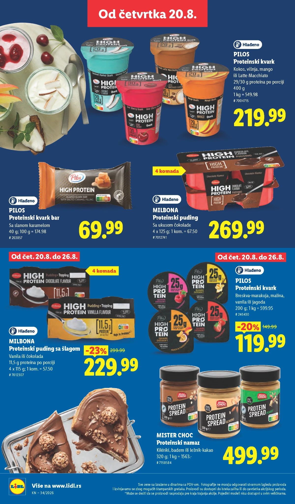 Lidl proteinska ponuda od 20.08.2026. – Pilos proteinski kvark, Milbona puding i Mister Choc proteinski namaz