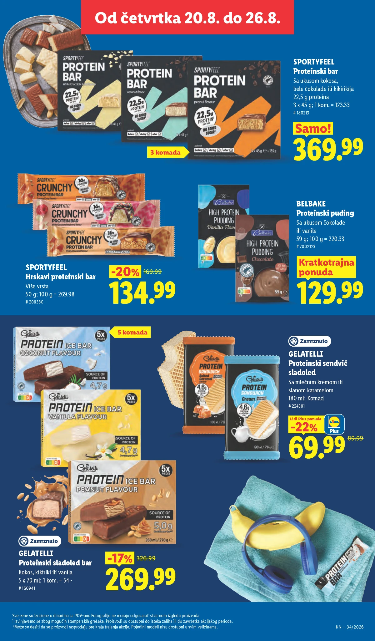 Lidl proteinska ponuda od 20.08.2026. – Sportyfeel proteinski bar, Gelatelli proteinski sladoled i Belbake puding