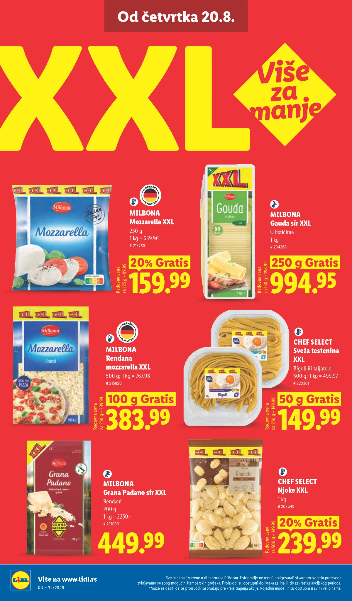 Lidl XXL ponuda od 20.08.2026. – mozzarella, Grana Padano, Gauda, njoke i sveža testenina
