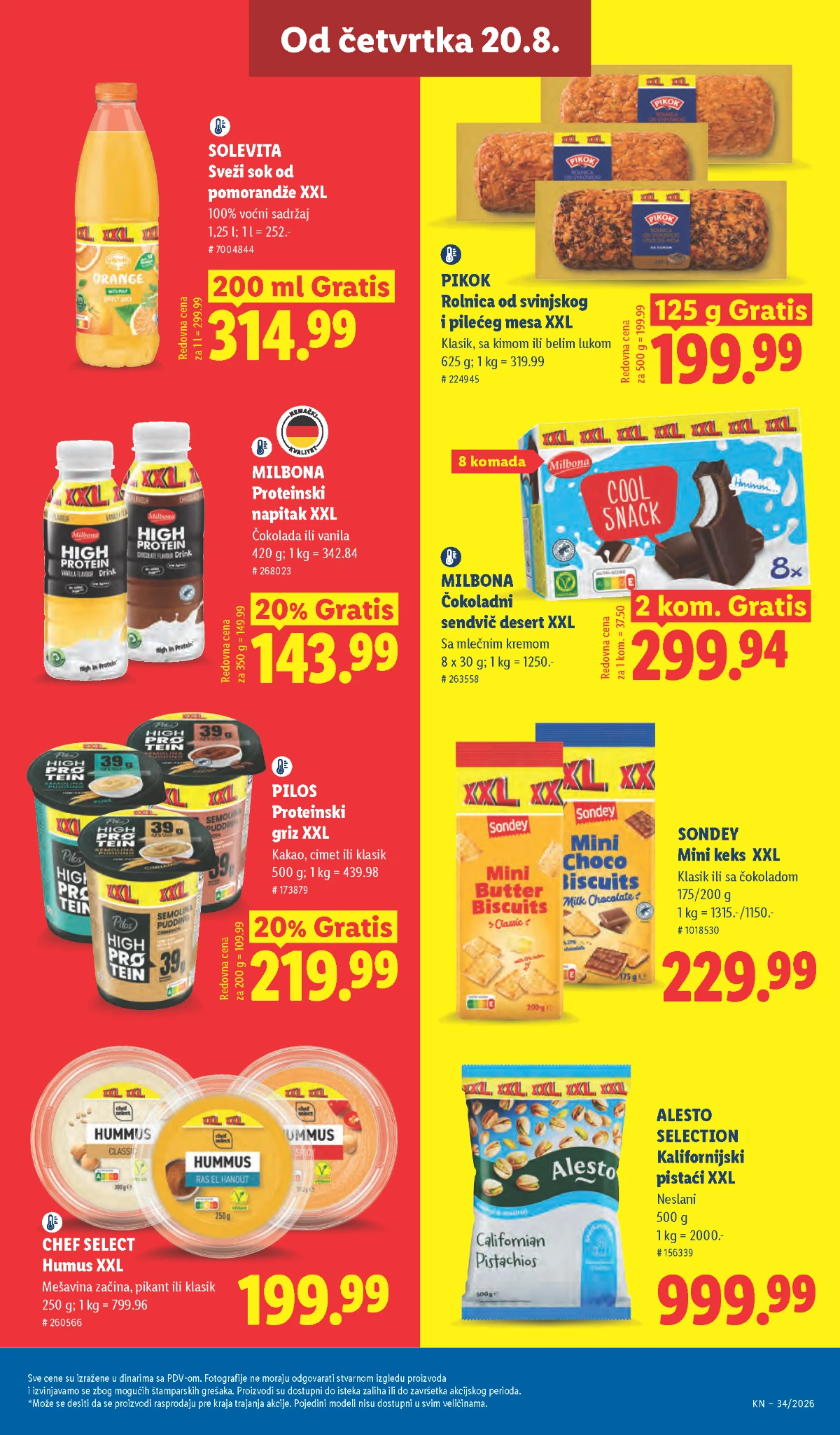 Lidl XXL ponuda od 20.08.2026. – humus, proteinski griz i napitak, pistaći, sok i mesna rolnica