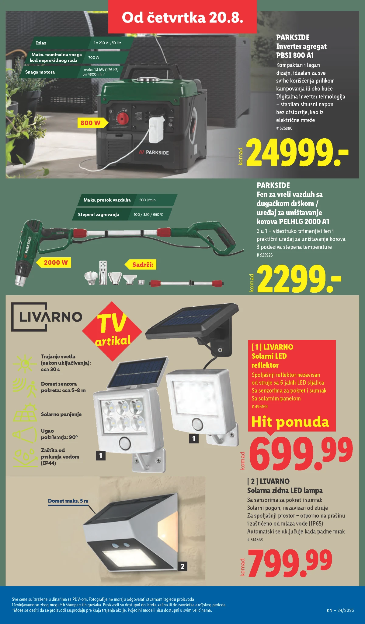 Lidl Parkside i Livarno od 20.08.2026. – inverter agregat, fen za vreli vazduh i solarna LED rasveta