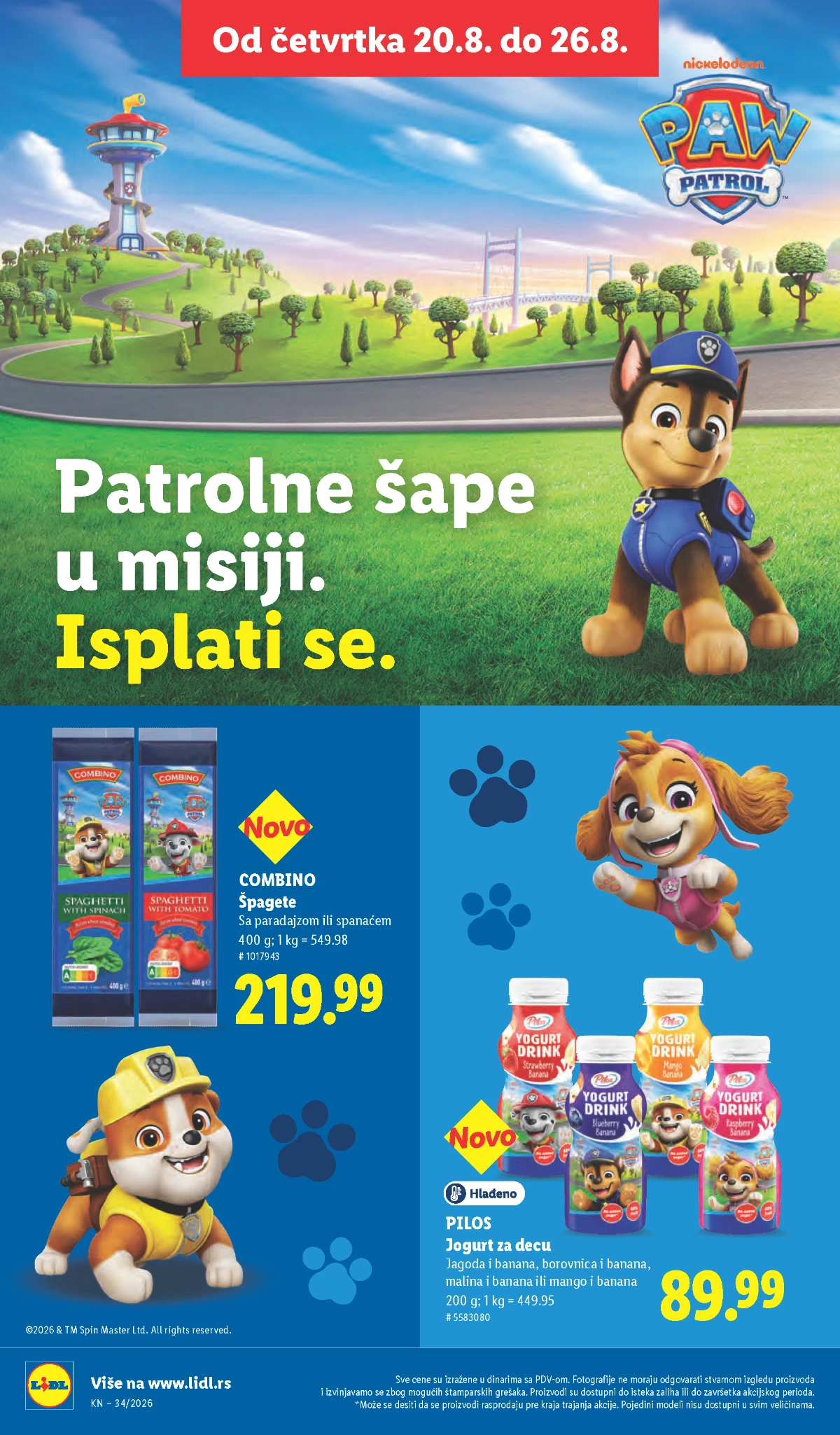 Lidl Patrolne šape od 20.08.2026. – Combino špagete i Pilos jogurt za decu