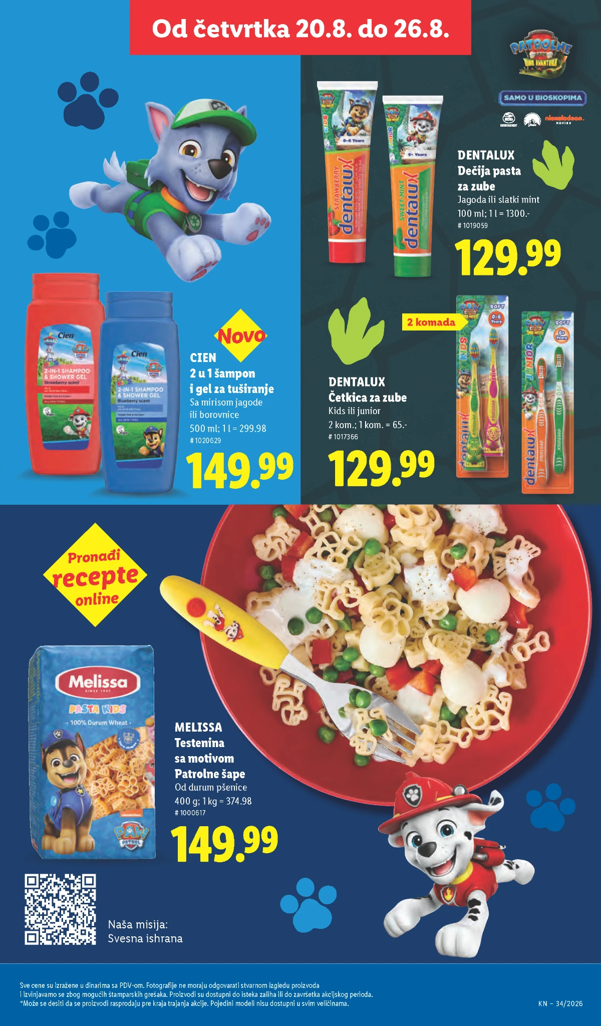 Lidl Patrolne šape od 20.08.2026. – dečija testenina, Dentalux četkice i pasta za zube i Cien šampon
