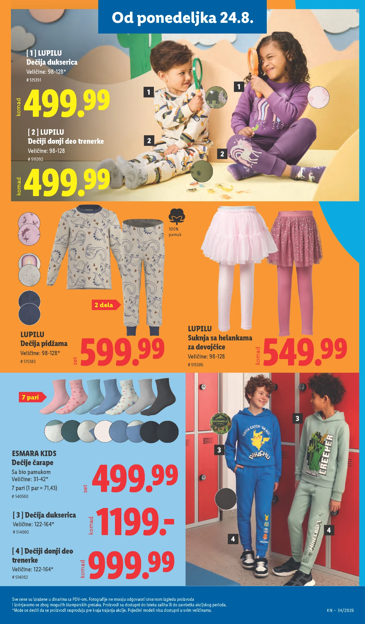 Lidl dečija odeća od 24.08.2026. – dukserice, trenerke, pidžame, čarape i suknje sa helankama