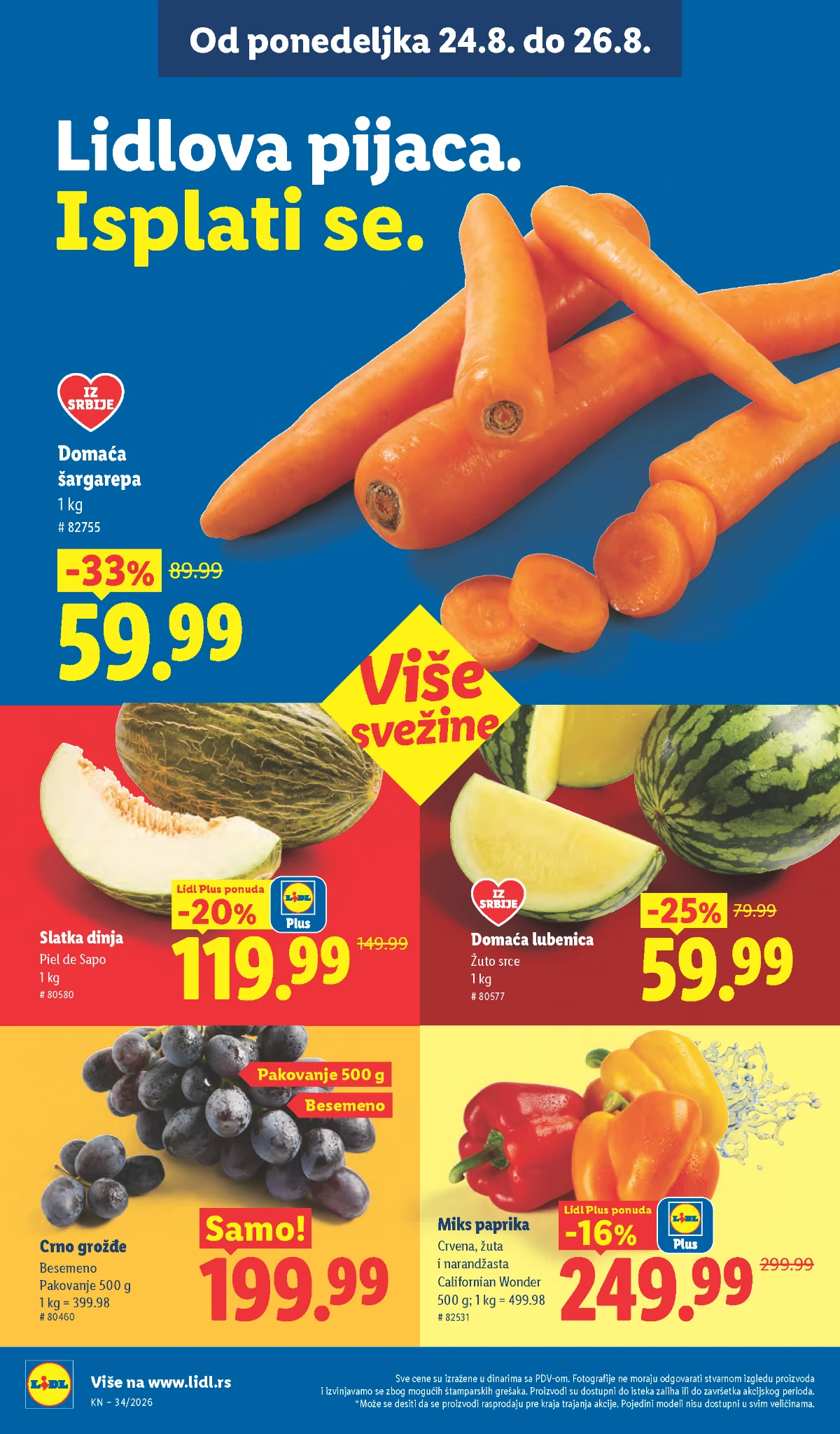 Lidlova pijaca od 24.08. do 26.08.2026. – crno grožđe, dinja, miks paprika, domaća šargarepa i lubenica
