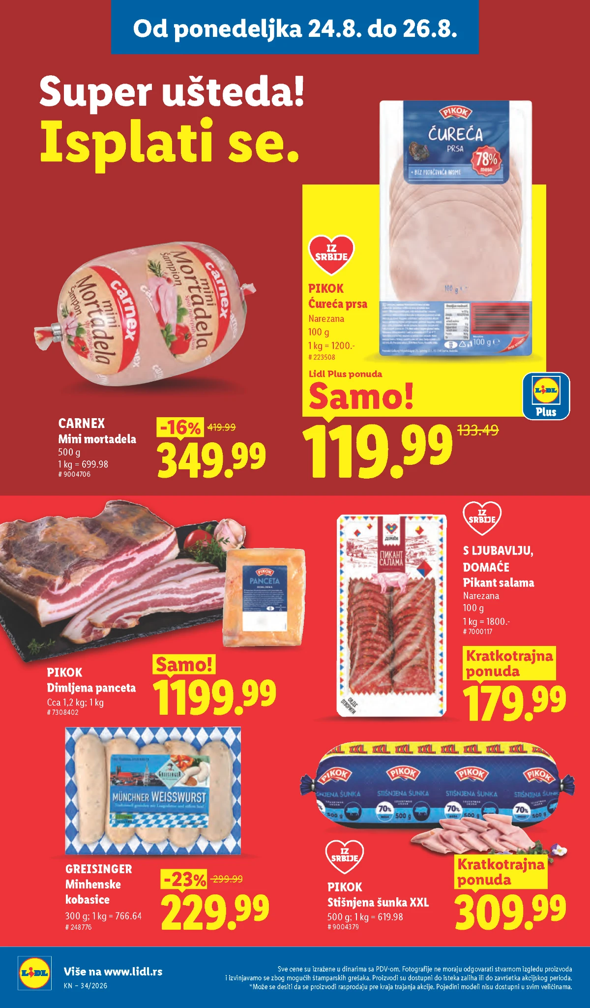 Lidl Super ušteda od 24.08. do 26.08.2026. – Carnex mortadela, Pikok ćureća prsa, panceta, šunka i kobasice