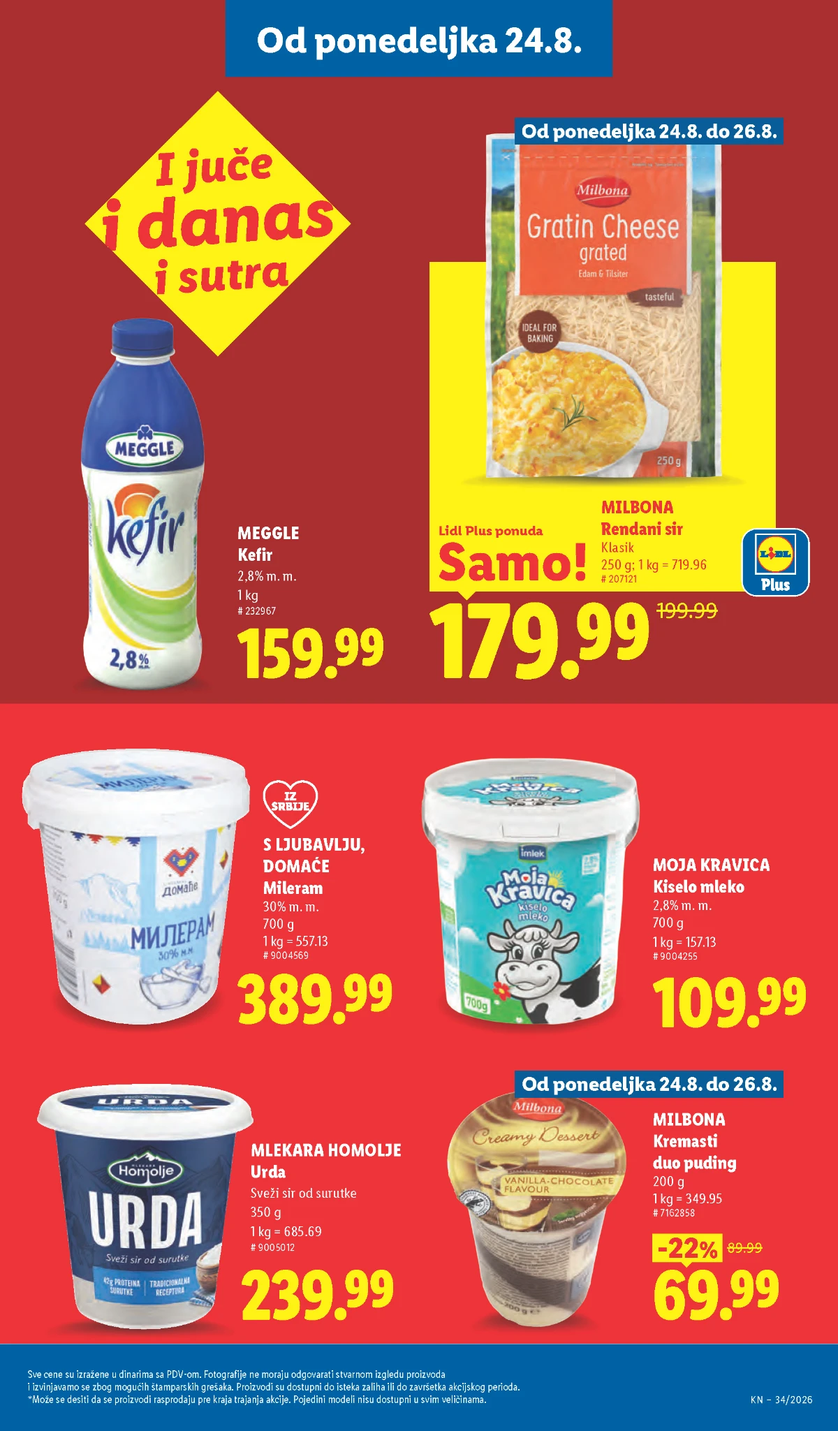 Lidl akcija od 24.08. do 26.08.2026. – Milbona sir i puding, Moja Kravica kiselo mleko, Meggle kefir i domaći mileram