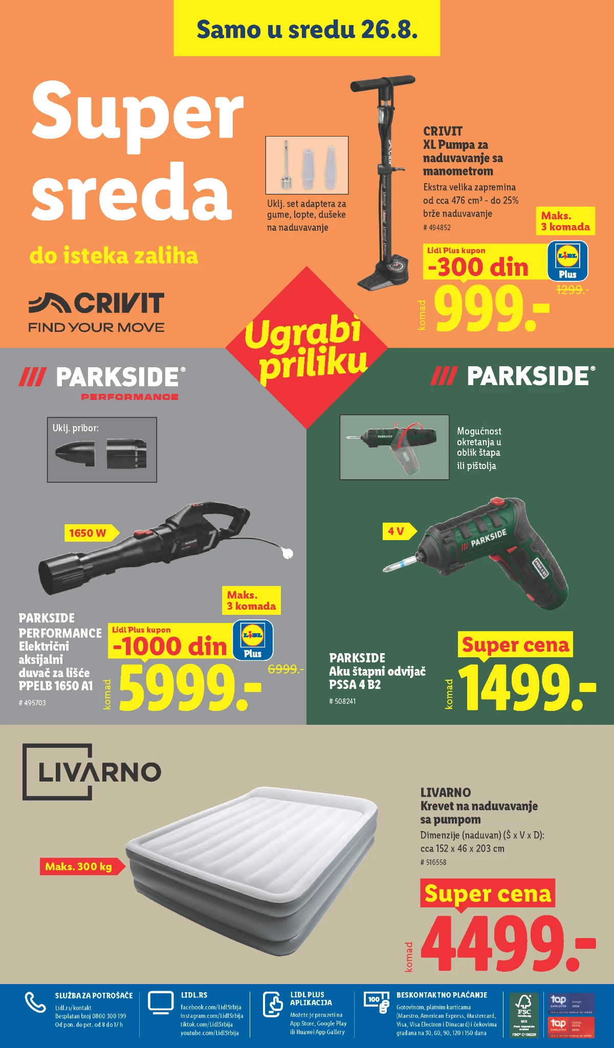 Lidl Super sreda 26.08.2026. – Parkside aku odvijač i duvač za lišće, Livarno krevet na naduvavanje i Crivit pumpa