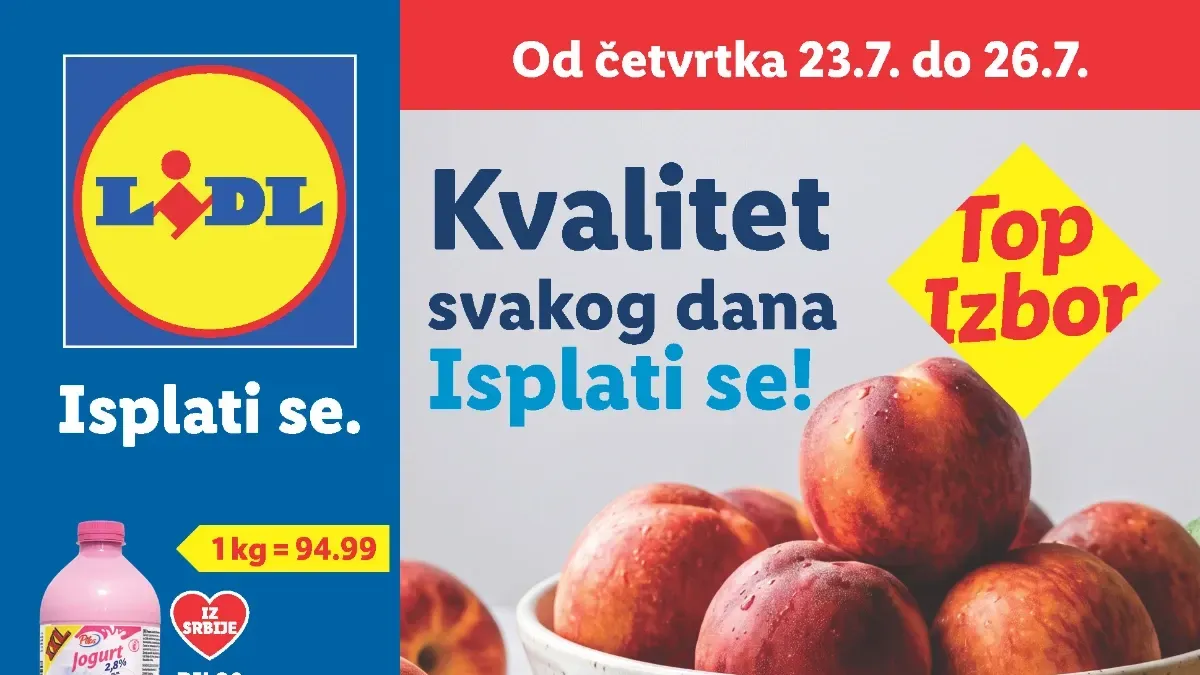 Lidl katalog od 23. do 29.07.2026. – Lidl Plus ponude, Lidlova pijaca i popusti do 57% na prehranu, voće, povrće i proizvode za domaćinstvo