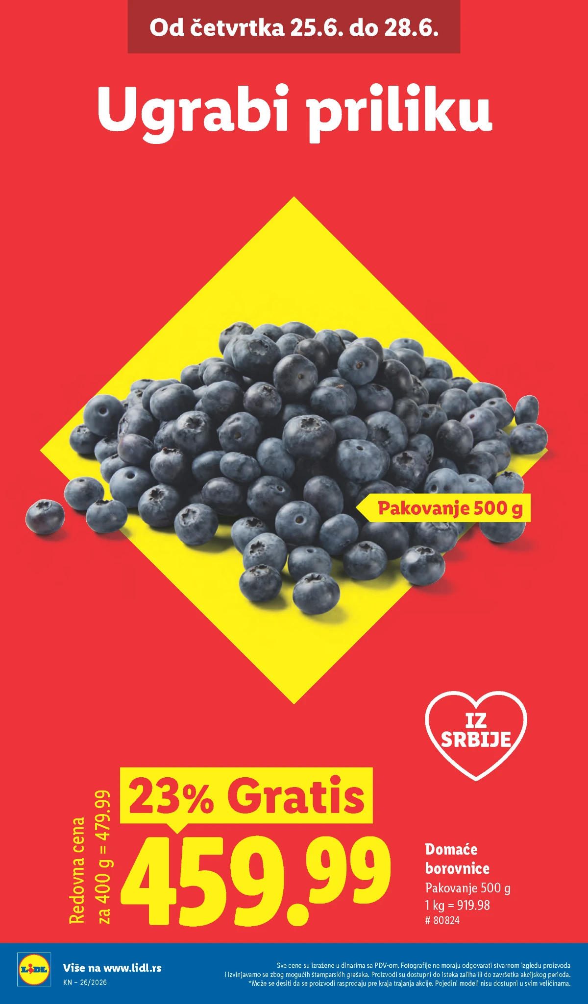 Lidl akcija na domaće borovnice i Lidlova pijaca Domaće borovnice 500 g na akciji u Lidl katalogu od 25.06. do 28.06.2026