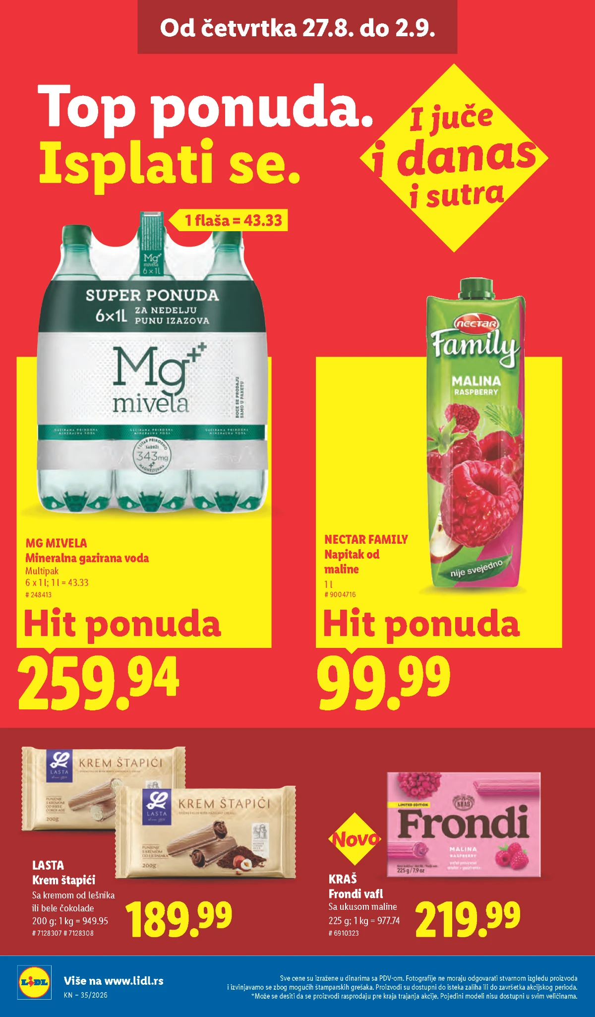 Lidl katalog strana 34 – MG Mivela voda, Nectar napitak i Lasta krem štapići