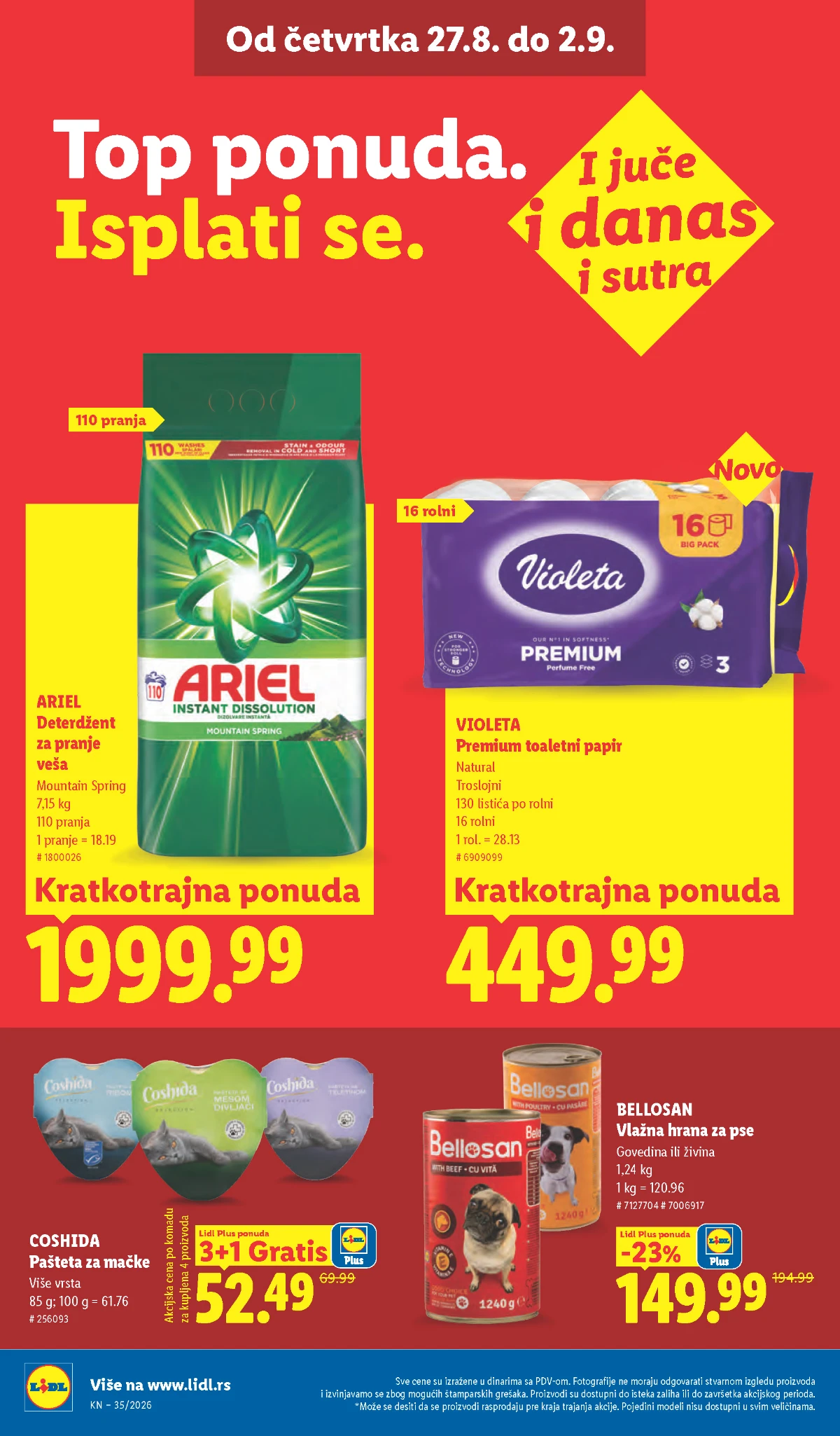 Lidl katalog strana 36 – Ariel deterdžent, Violeta papir i hrana za pse i mačke