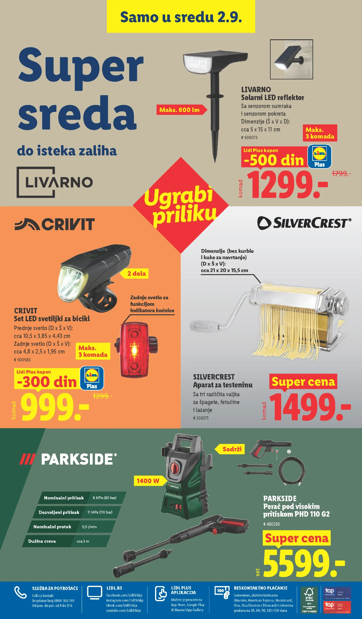 Lidl katalog strana 100 – Parkside perač, Silvercrest aparat za testeninu i biciklističke svetiljke