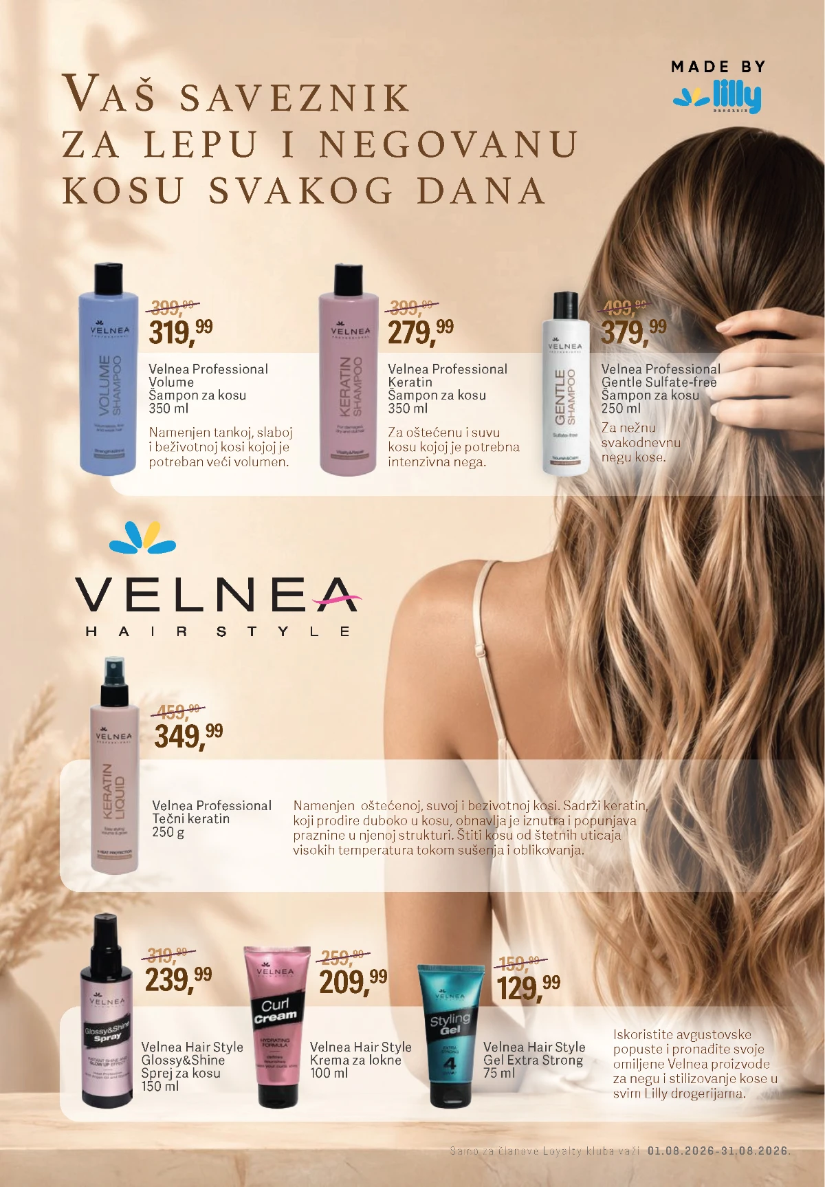 Lilly katalog avgust 2026 – Velnea proizvodi za negu i stilizovanje kose.