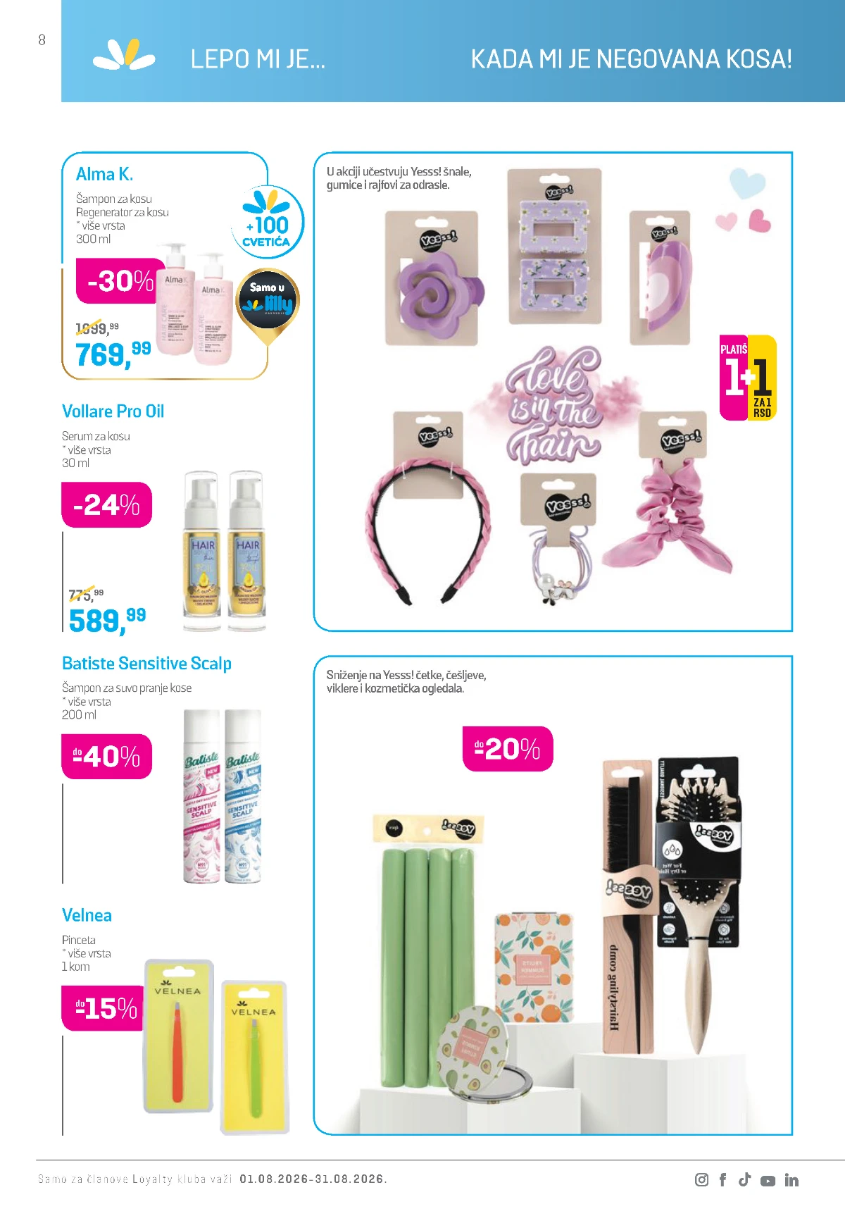 Lilly katalog avgust 2026 – šamponi, četke i dodaci za kosu.