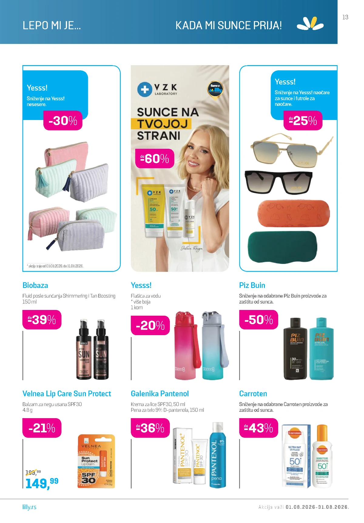 Lilly katalog avgust 2026 – SPF proizvodi, naočare i kozmetički dodaci.