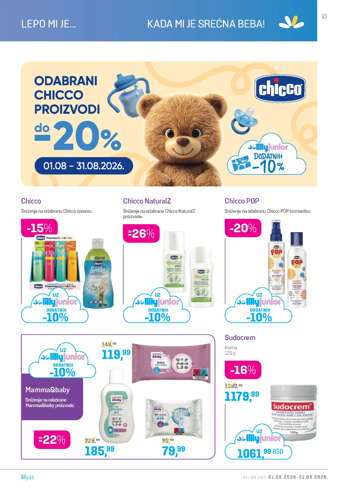 Lilly katalog avgust 2026 – Chicco oprema, kozmetika za bebe, Mamma&baby i Sudocrem uz popuste do 26%.